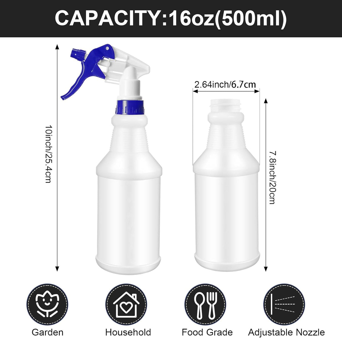 Eccliy 12 Pcs 16 Oz Plastic Spray Bottle, Adjustable Empty Reusable Sprayer for Cleaning, Planting