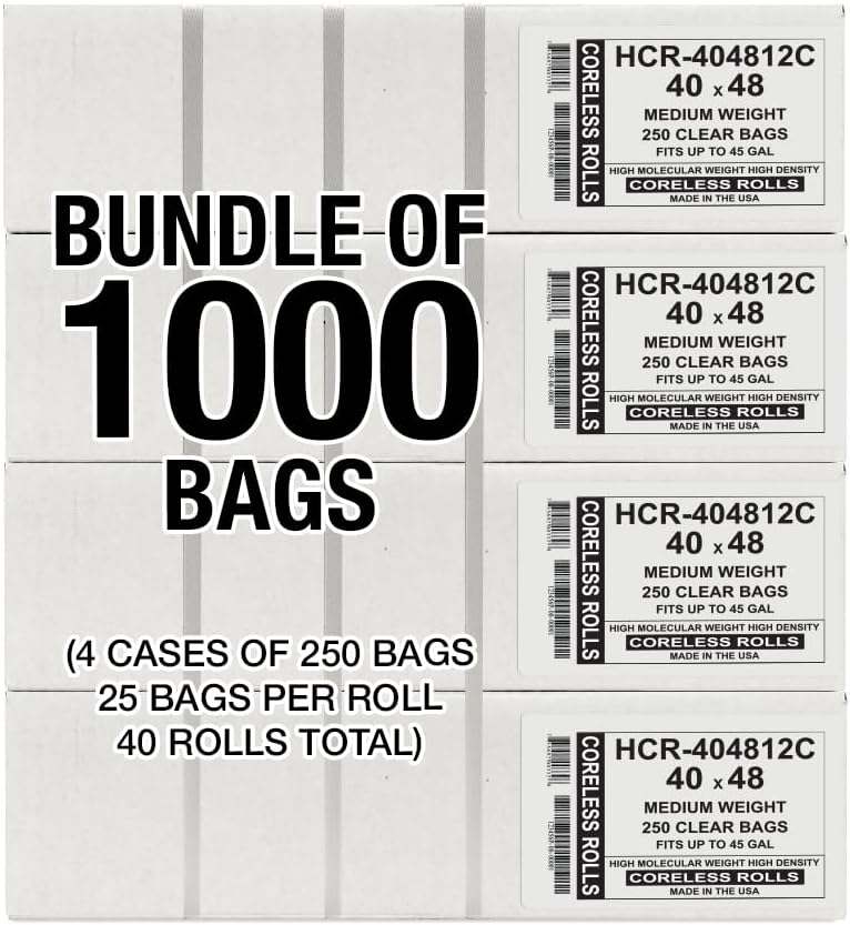Aluf Plastics High Density Trash Bags, 45 Gallon, 1000 Count, 12 Micron (eq), 40" x 48", Clear, for