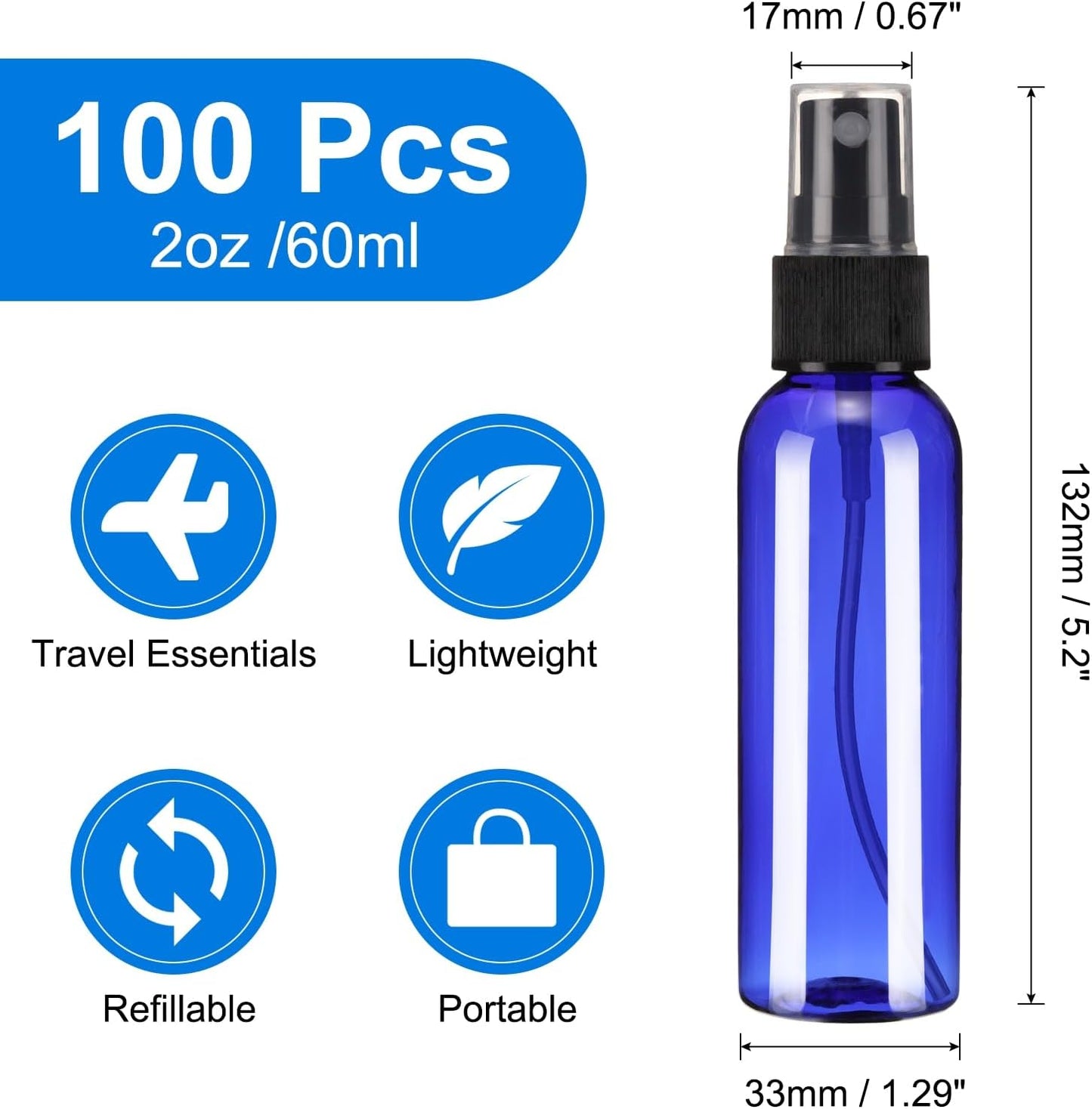 uxcell 100 Pack Spray Bottles, 2 Oz/60ML Reusable Clear Empty Mist Plastic Mini Travel Bottle