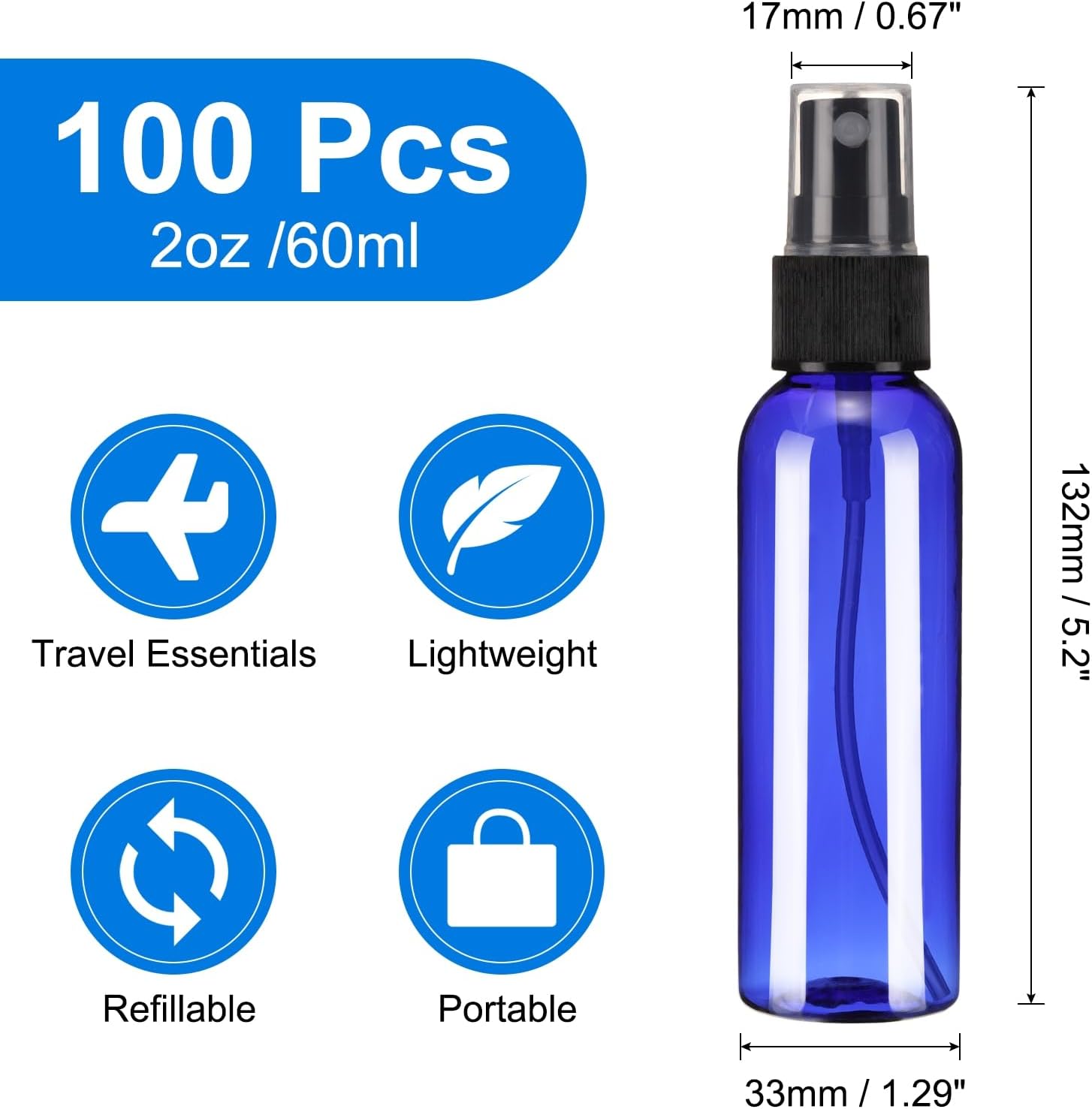 uxcell 100 Pack Spray Bottles, 2 Oz/60ML Reusable Clear Empty Mist Plastic Mini Travel Bottle