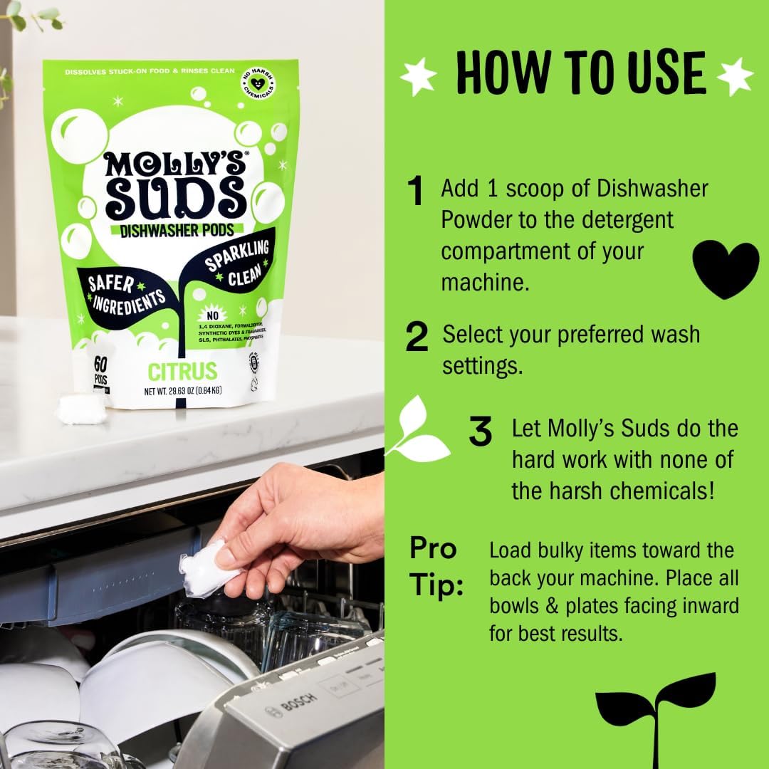Molly's Suds Dishwasher Powder | Clean Dishwasher Detergent, Cuts Grease & Rinses Clean