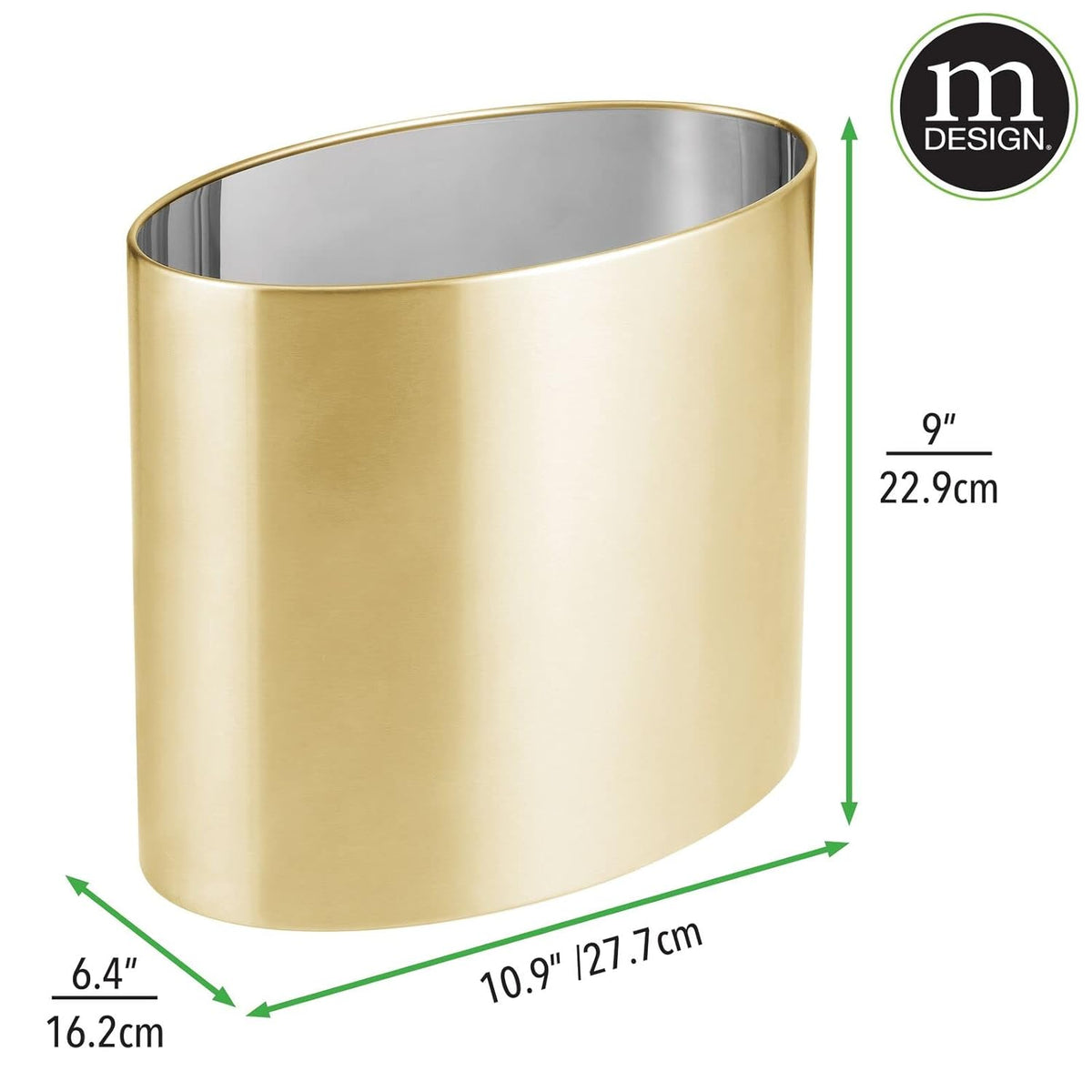 mDesign Stainless Steel Metal Oval Trash Can, 7.9 Liter/2.09 Gallon Wastebasket, Garbage Basket Bin