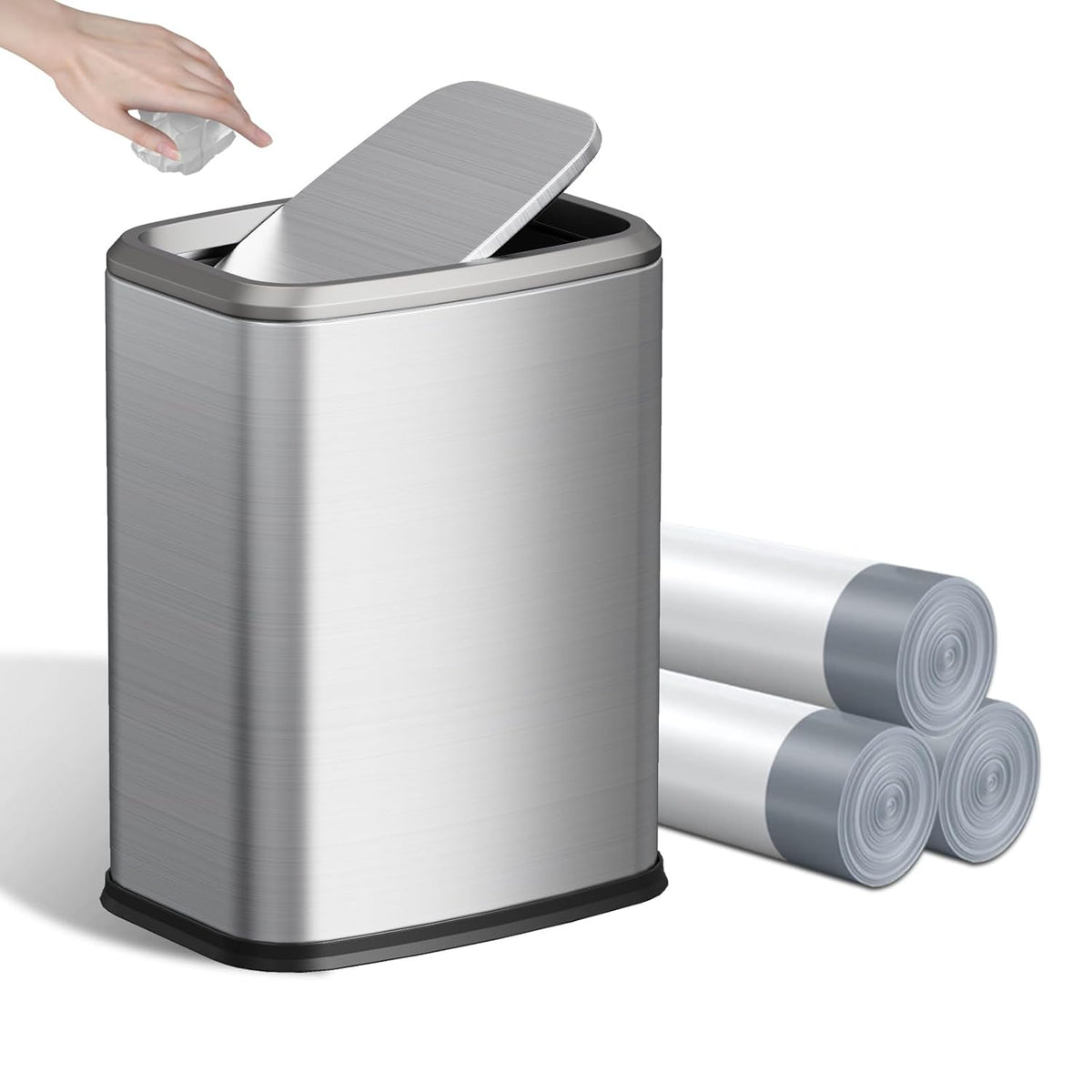 8L/2.1 Gal Small Bathroom Trash Can with Lid, Swing-Top Rectangular Waste Bin, Stainless Steel