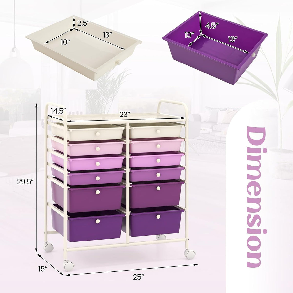 GOFLAME 12-Drawer Rolling Storage Cart, Multipurpose Organizer Cart with 2 Sizes Plastic Drawers
