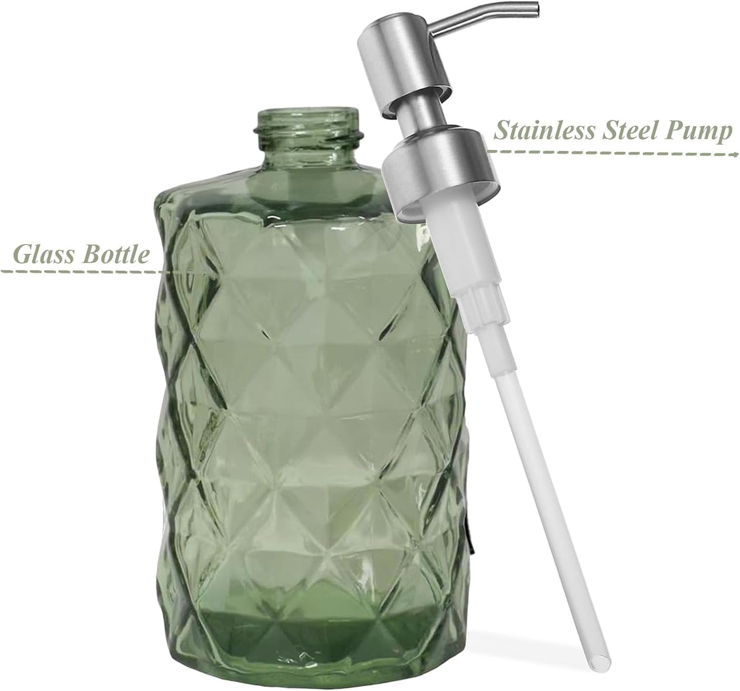 12Oz Green Glass Soap Dispenser with Stainless Steel Pump, Refillable Kitchen Liquid Hand Soap