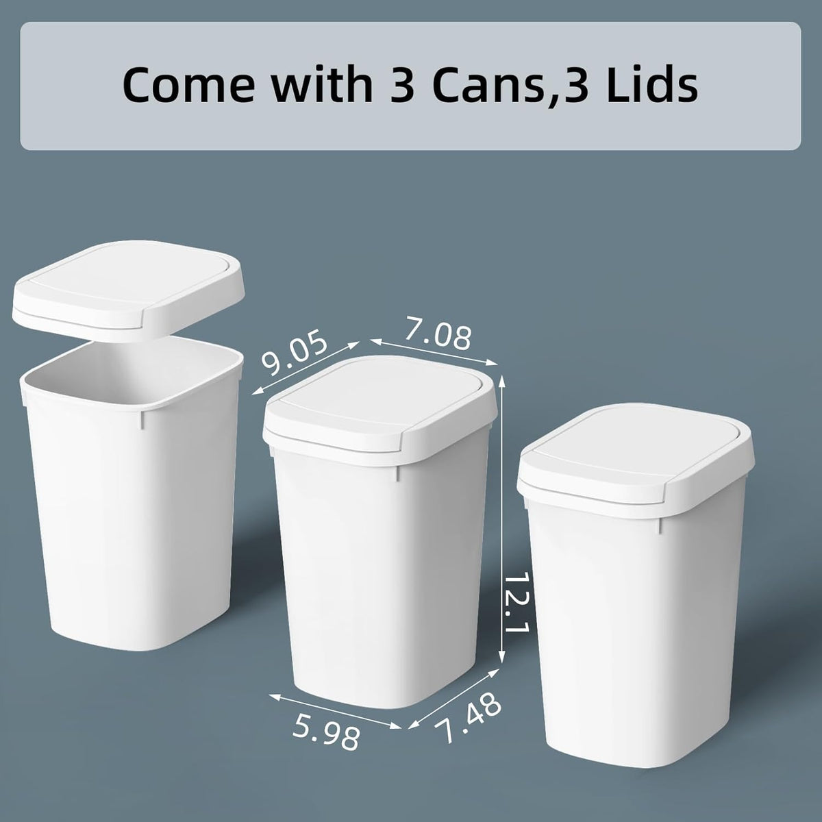 3 Pack Bathroom Small Trash Can with Lid, 2.6 Gallon Slim Garbage Bin with Pop-Up Lid, 10L Plastic