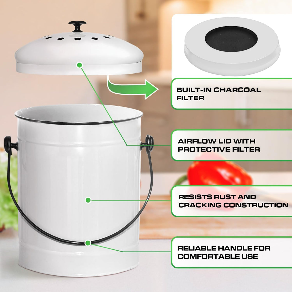 Plexon Countertop Compost Bin Kitchen with Lid, 1.5 Gallon Odorless Kitchen Compost Container