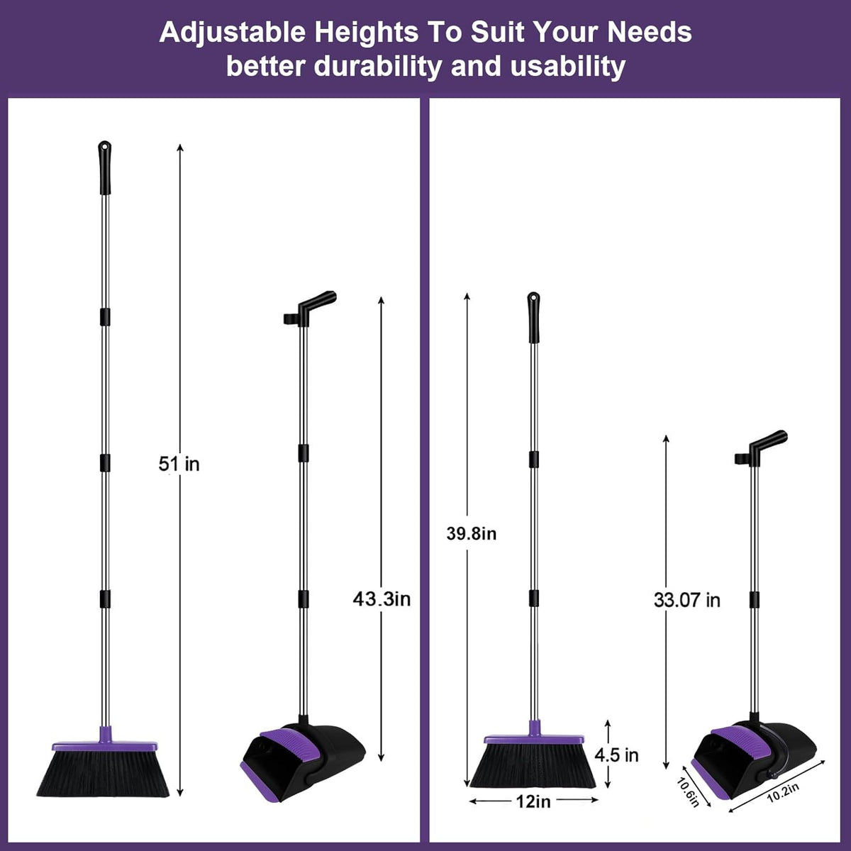 Broom with Dustpan Combo Set, 51" Household Dustpans and Broom, Standing Dust Pan Set for Home