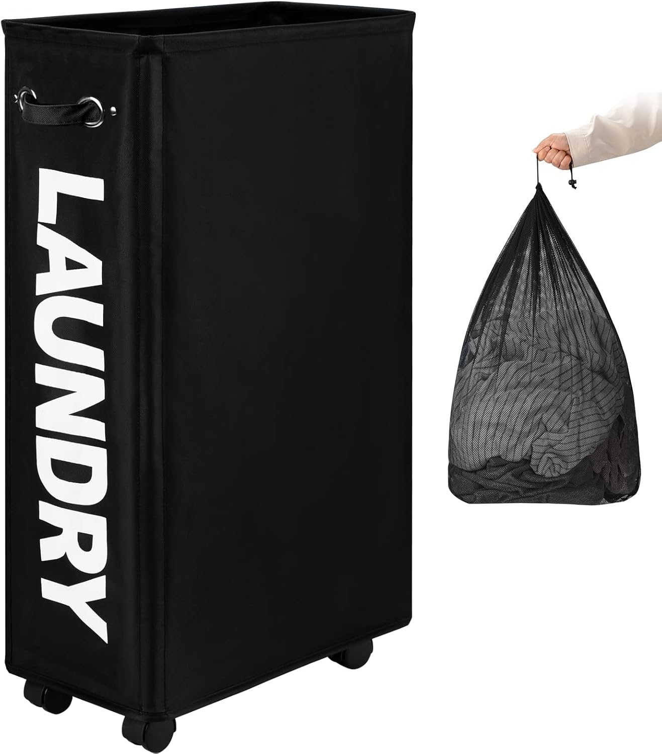 DOKEHOM 29-Inches Enlarged Slim Laundry Basket with Removable Wash Bag on Wheels, Collapsible