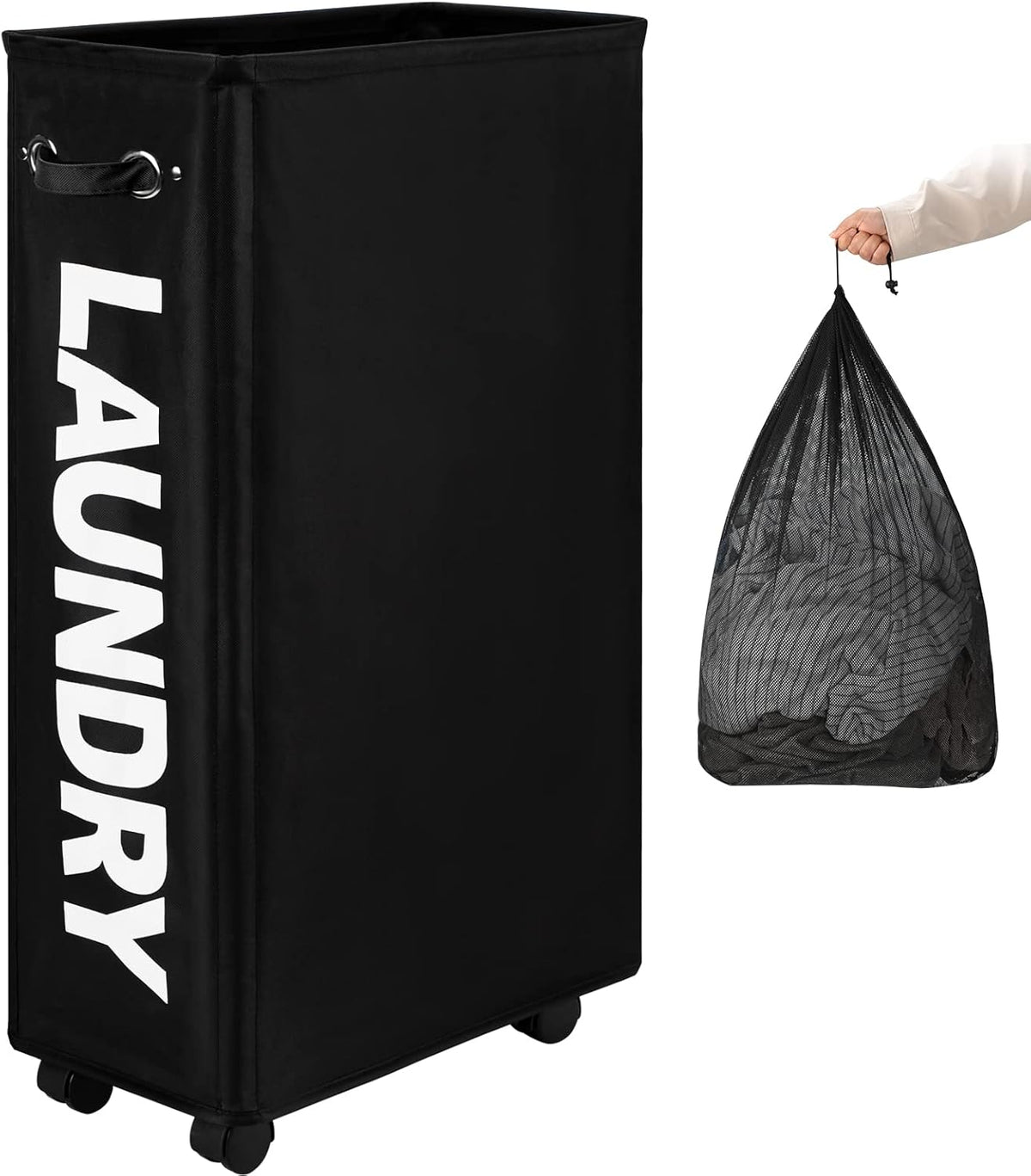 DOKEHOM 29-Inches Enlarged Slim Laundry Basket with Removable Wash Bag on Wheels, Collapsible
