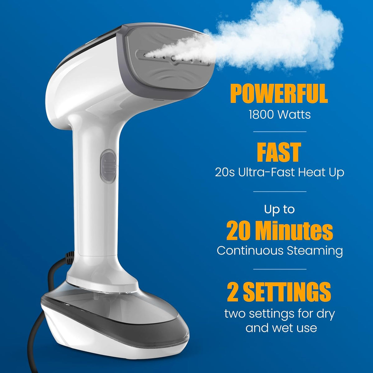 Powerful Handheld Fabric Steamer - 1800W with Fast Ceramic Heat-Up Plate, 2-in-1 Ironing & Wrinkle