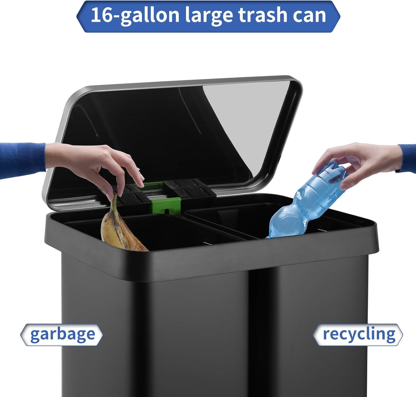 16 Gallon Dual Compartment Trash Can, Hands-Free Recycling Rectangular Garbage Bin, Stainless Steel