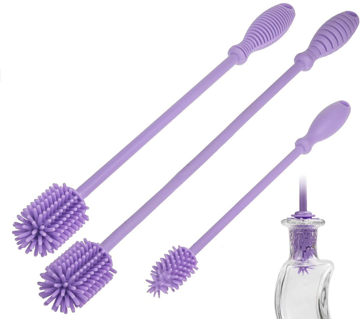 A-Brush Silicone Bottle Cleaner Brush, 3 Piece Set, Long Handle - Water Bottle Cleaner, Baby Bottle
