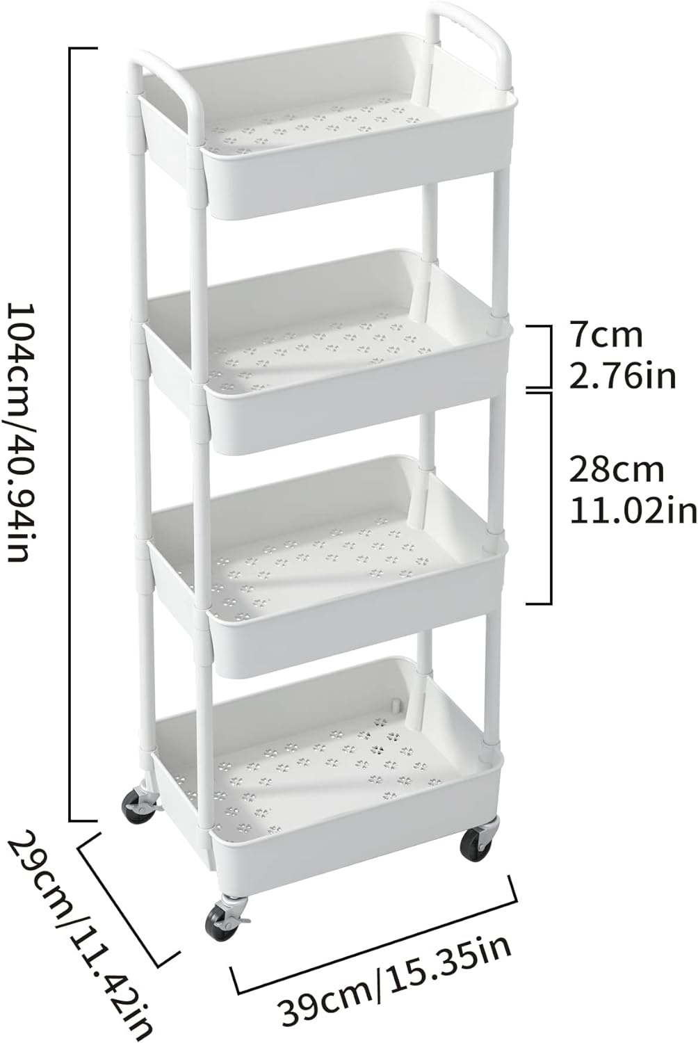 Sywhitta 4-Tier Plastic Rolling Utility Cart with Handle, Multi-Functional Storage Trolley for