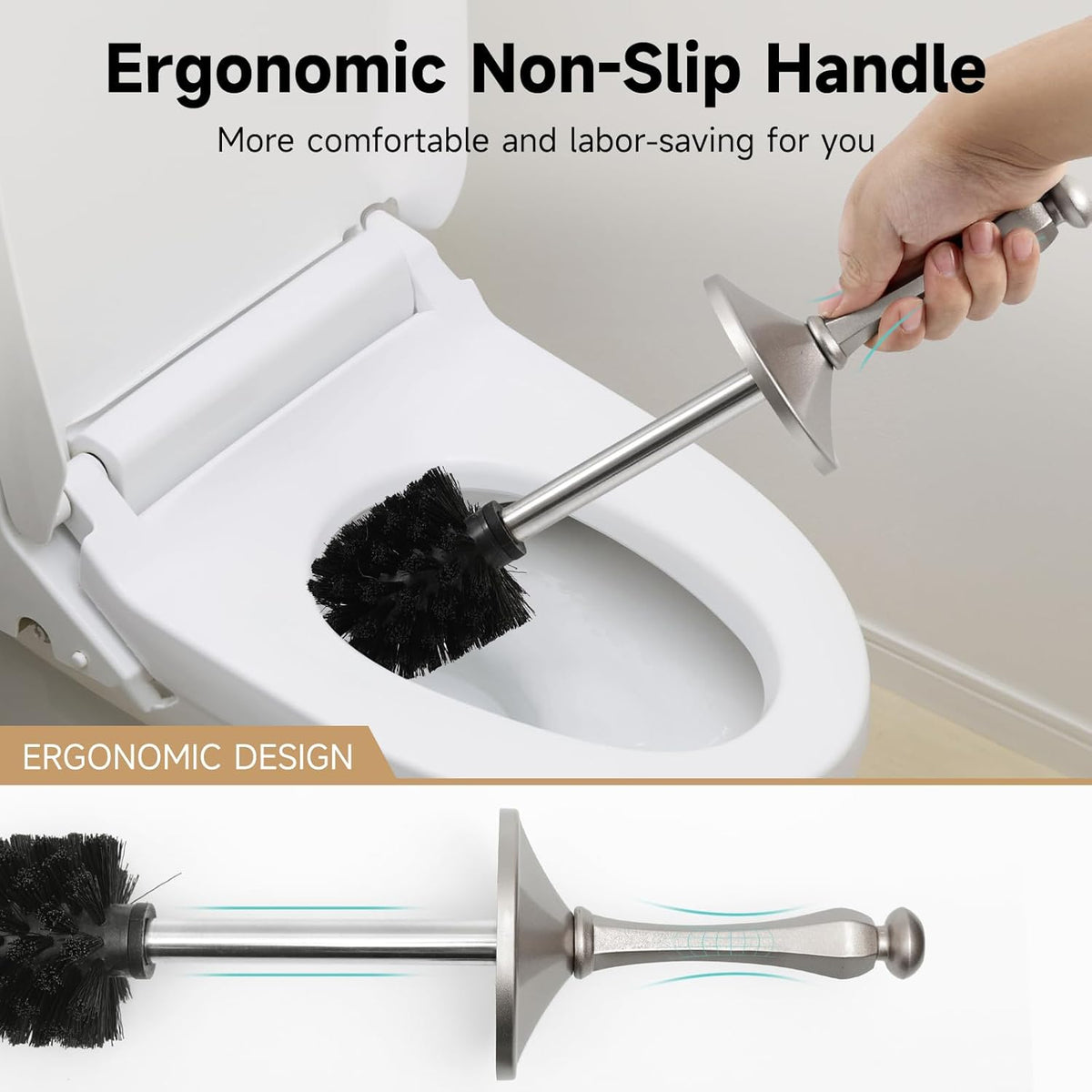 Stain Nickel Toilet Brush and Holder，Extra Long Handled Toilet Brush for Bathroom，Stainless Steel