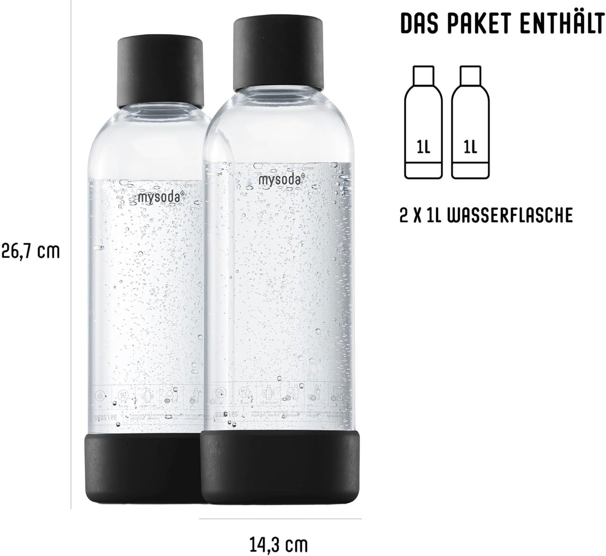 Mysoda Carbonating Bottles 2Pck 1L - Compatible with MySoda and any brands - Lid and Base Made of