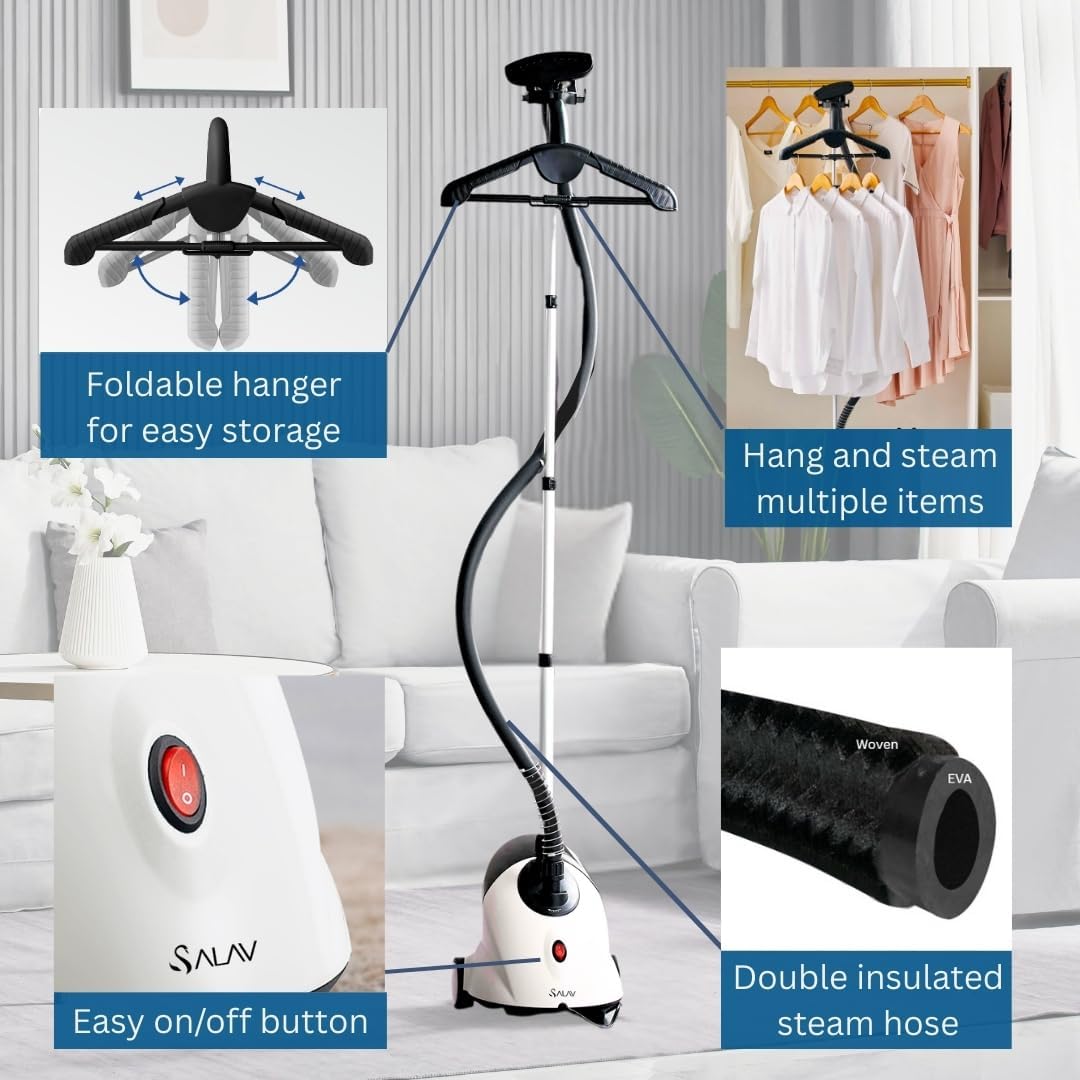SALAV GS18 Full-Size Clothes Steamer - 1500W Power, 1.8L Water Tank, 60-Min Garment Steam, Iron