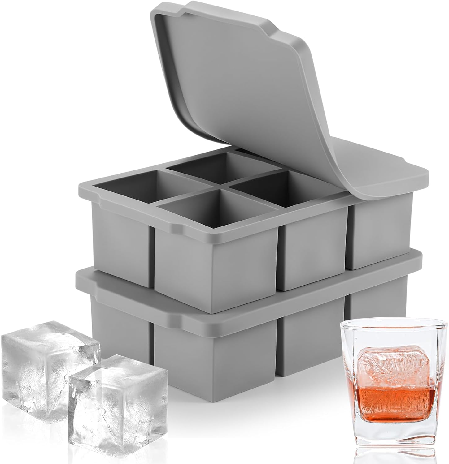 Nax Caki Large Ice Cube Tray with Lid Pack of 2, Stackable Big Silicone Square Ice Cube Mold for