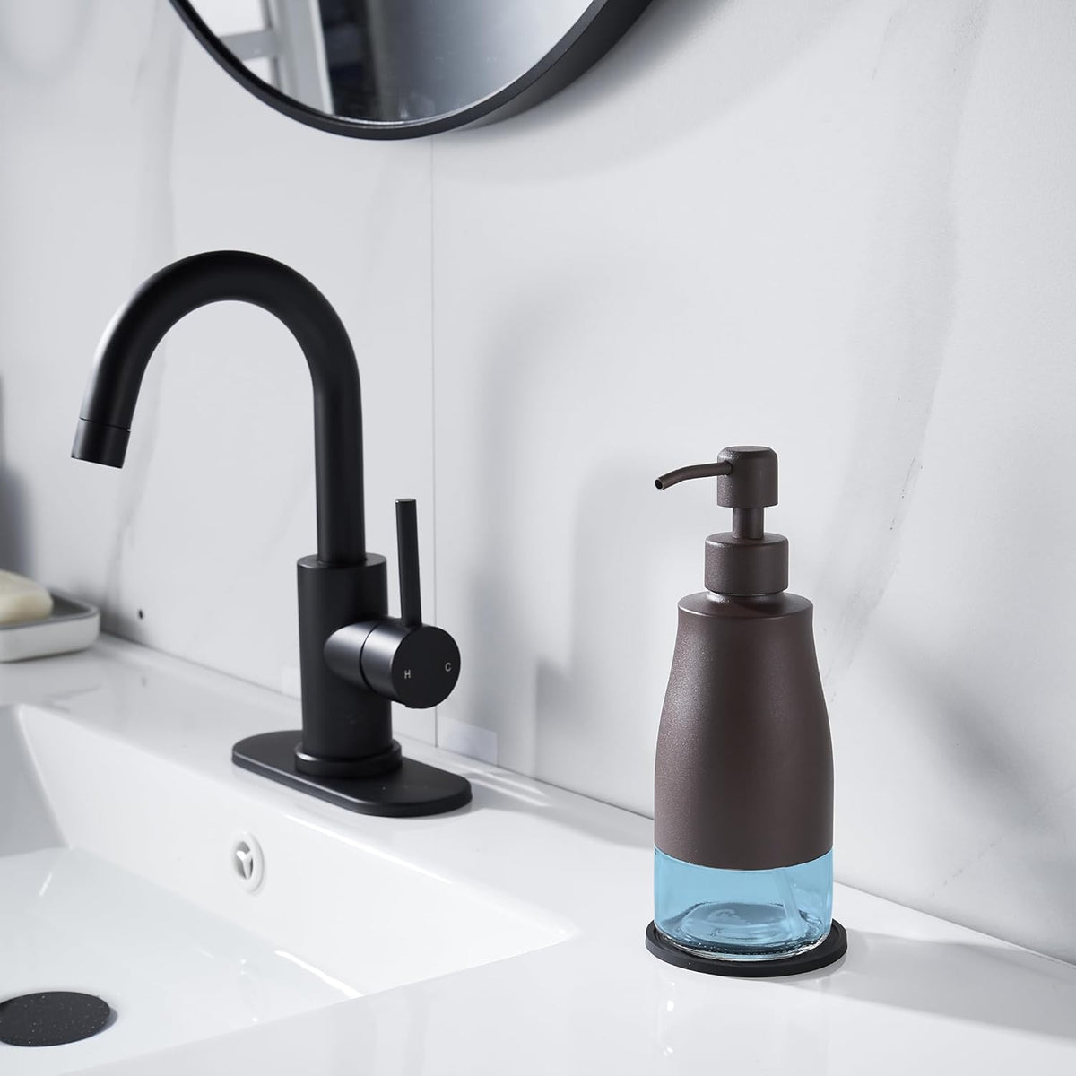 Gaussra Bronze Soap Dispenser with Coaster and Stickers, Stainless Steel and Glass Bottle Hand Pump