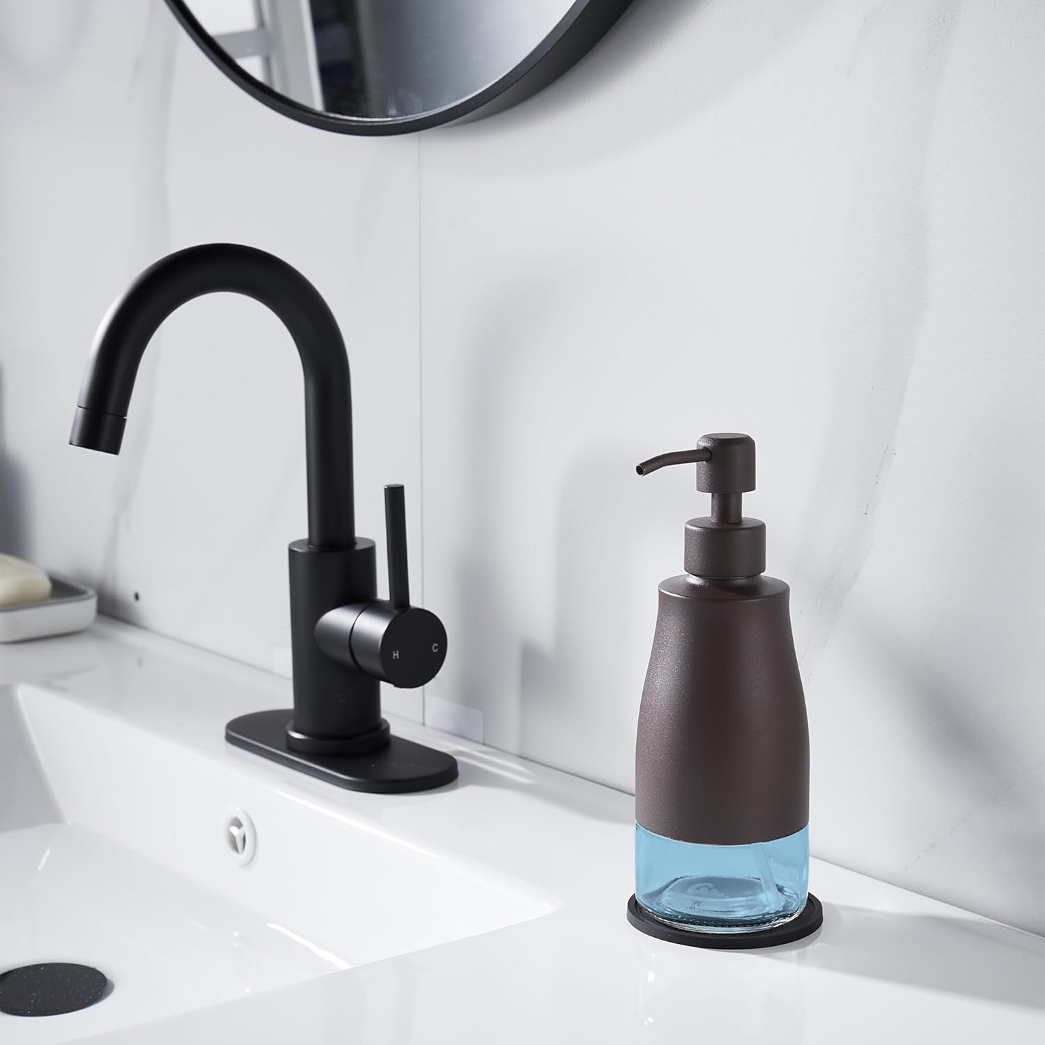 Gaussra Bronze Soap Dispenser with Coaster and Stickers, Stainless Steel and Glass Bottle Hand Pump