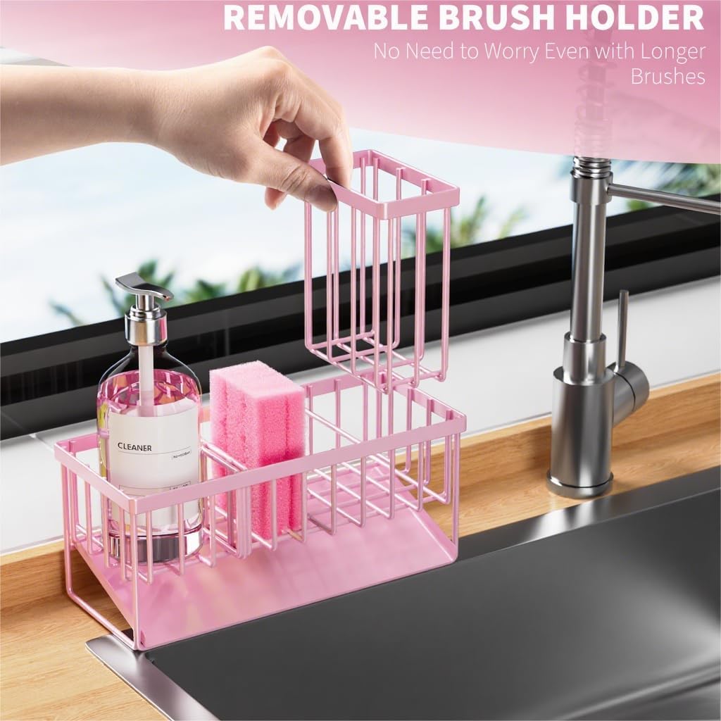 Cisily Pink Kitchen Sink Caddy Organzier with High Brush Holder, Sponge Holder for Sink, 304