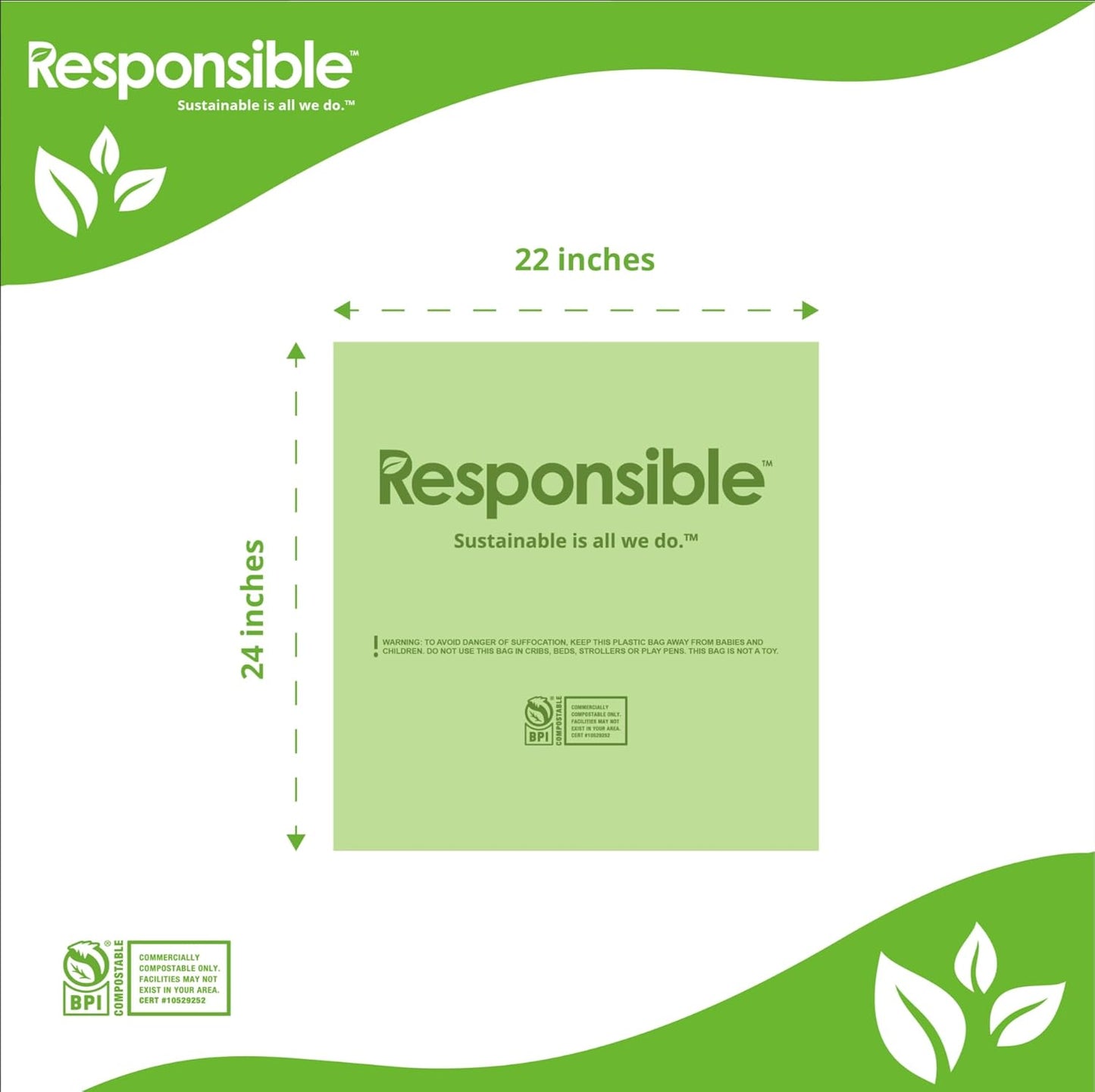 Responsible Products Kitchen Bin Liners, Certified Compostable, Heavy Duty Multipurpose Food Scrap