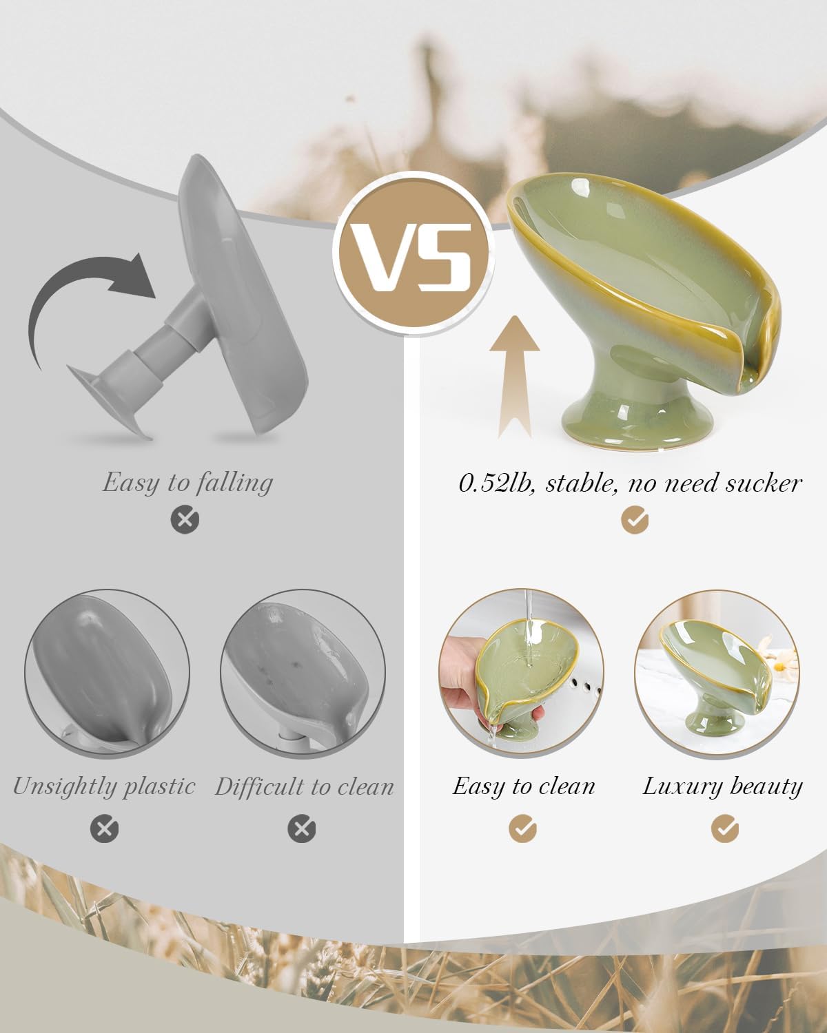 Soap Dish, Self Draining Bar Soap Holder for Bathroom Sink, Leaf Shaped Drainage Ceramic Olive