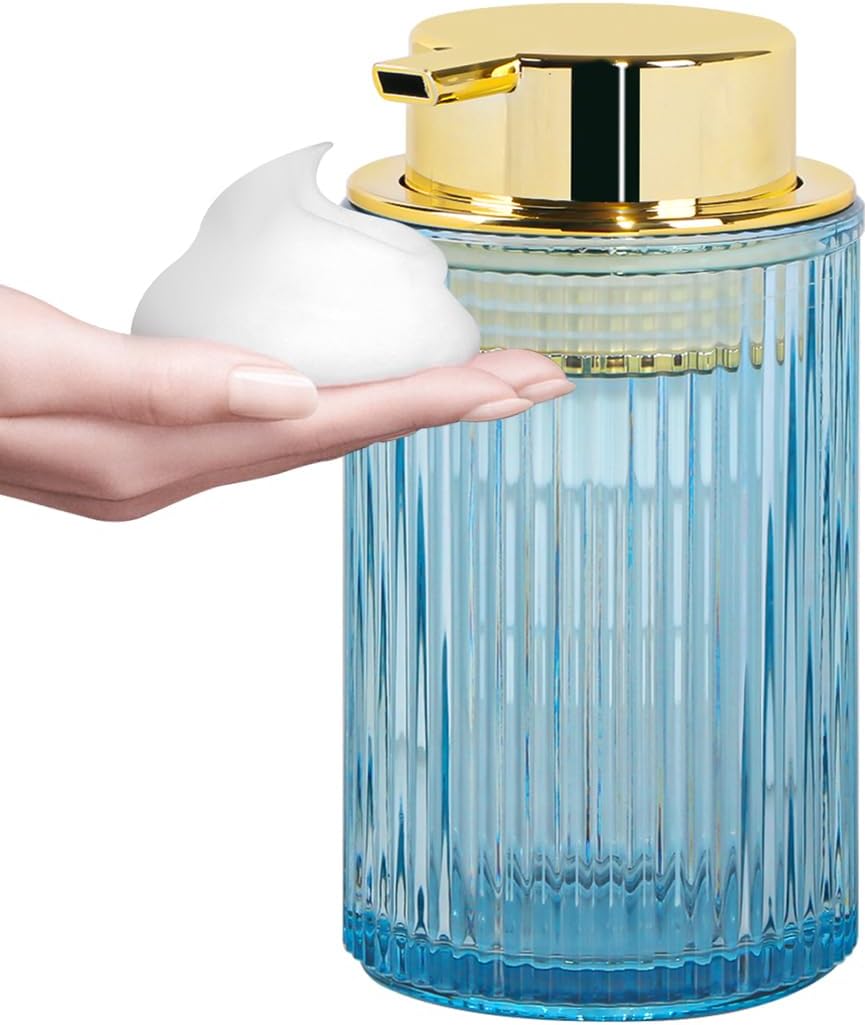 Blue Foaming Soap Dispenser, 12 Oz Glass Foaming Hand Soap Dispenser with Gold Pump, Bathroom