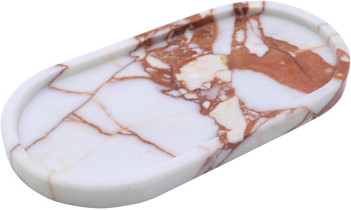 Natural Marble Tray, Oval Vanity Decorative Tray for Bathroom Counter, Countertop Stone Organizer