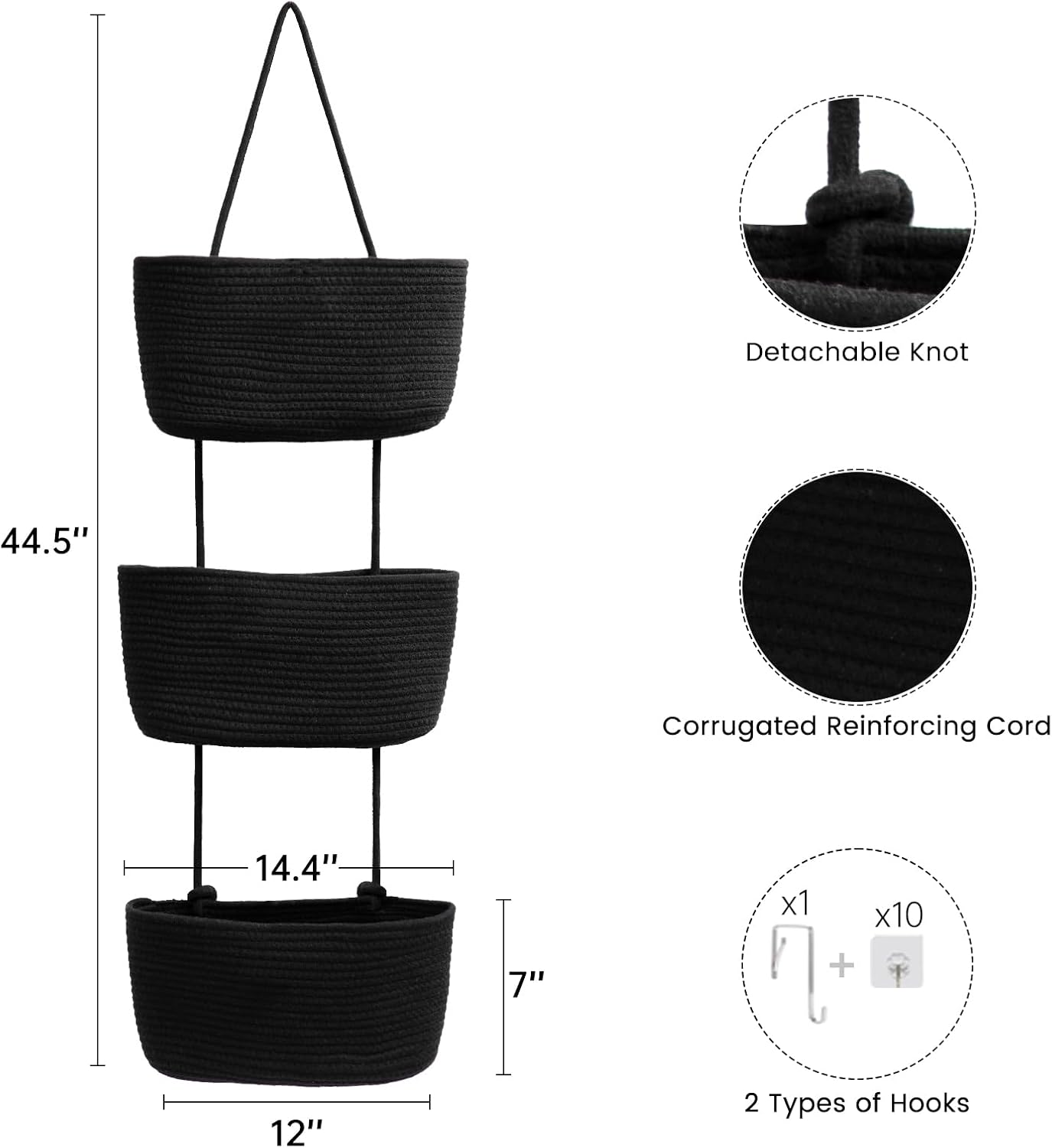 TeoKJ Over the Door Organizer, 3-Tier Woven Cotton Hanging Kitchen Baskets Storage Organizer Bag