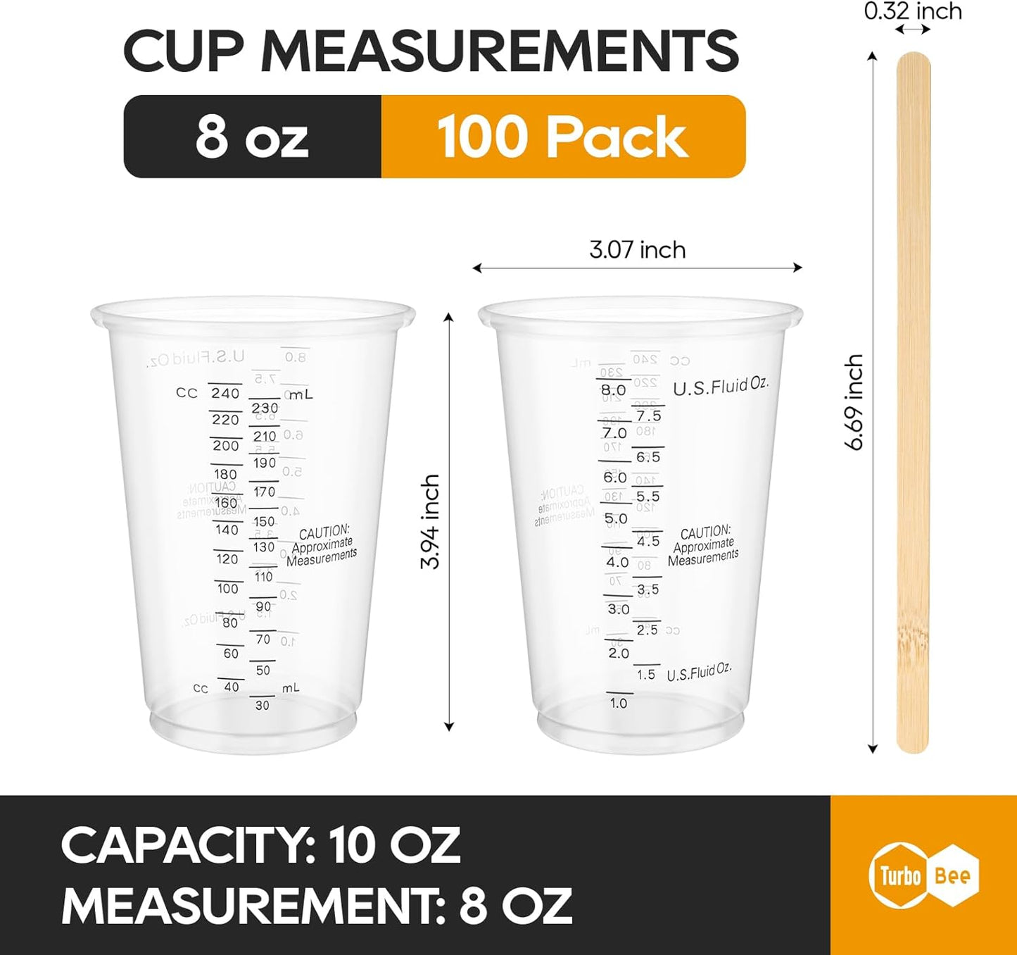 Turbo Bee Plastic Measuring Cups 8OZ,100 PACK Disposable Mixing Cups with 100 Mixing Sticks,Paint