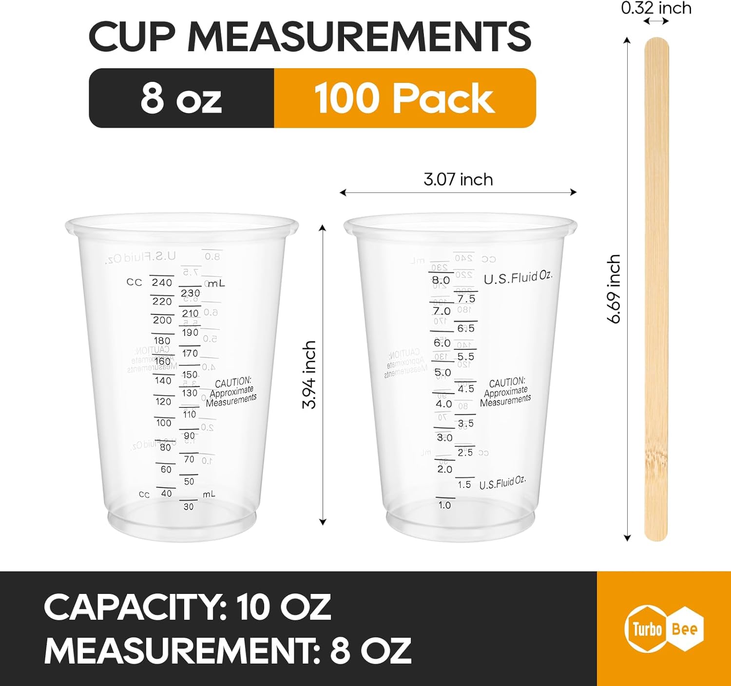 Turbo Bee Plastic Measuring Cups 8OZ,100 PACK Disposable Mixing Cups with 100 Mixing Sticks,Paint
