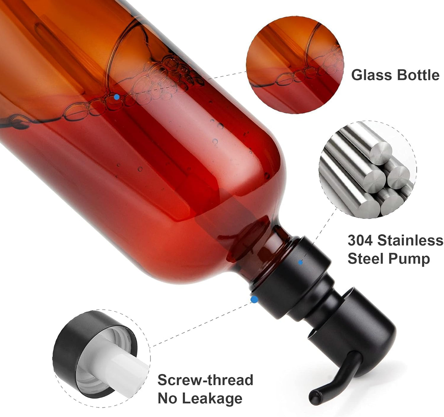 AmazerBath Amber Glass Soap Dispenser, 2 Pack Soap Dispenser Set with Stainless Steel Pump, Vintage