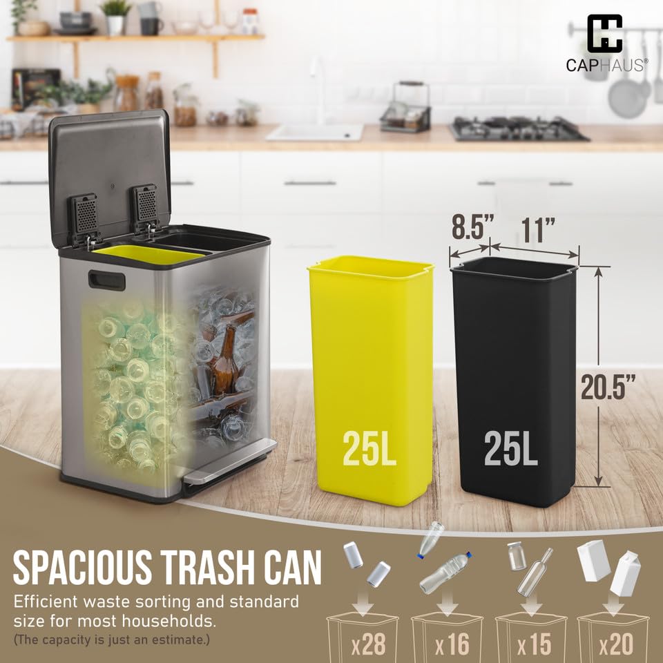 CAPHAUS Black Dual Trash Can w/Single Lid, Trash & Recycle Bins Combo, Hands-Free Stainless-Steel