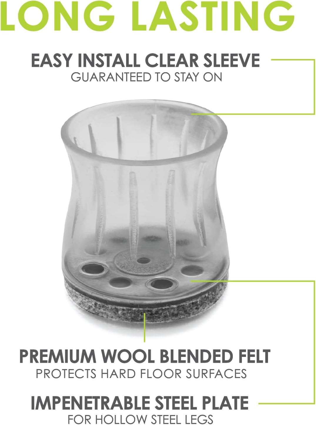 Slipstick GorillaFelt Chair Leg Floor Protectors for Hardwood Floors, Clear Sleeve Felt Pads for