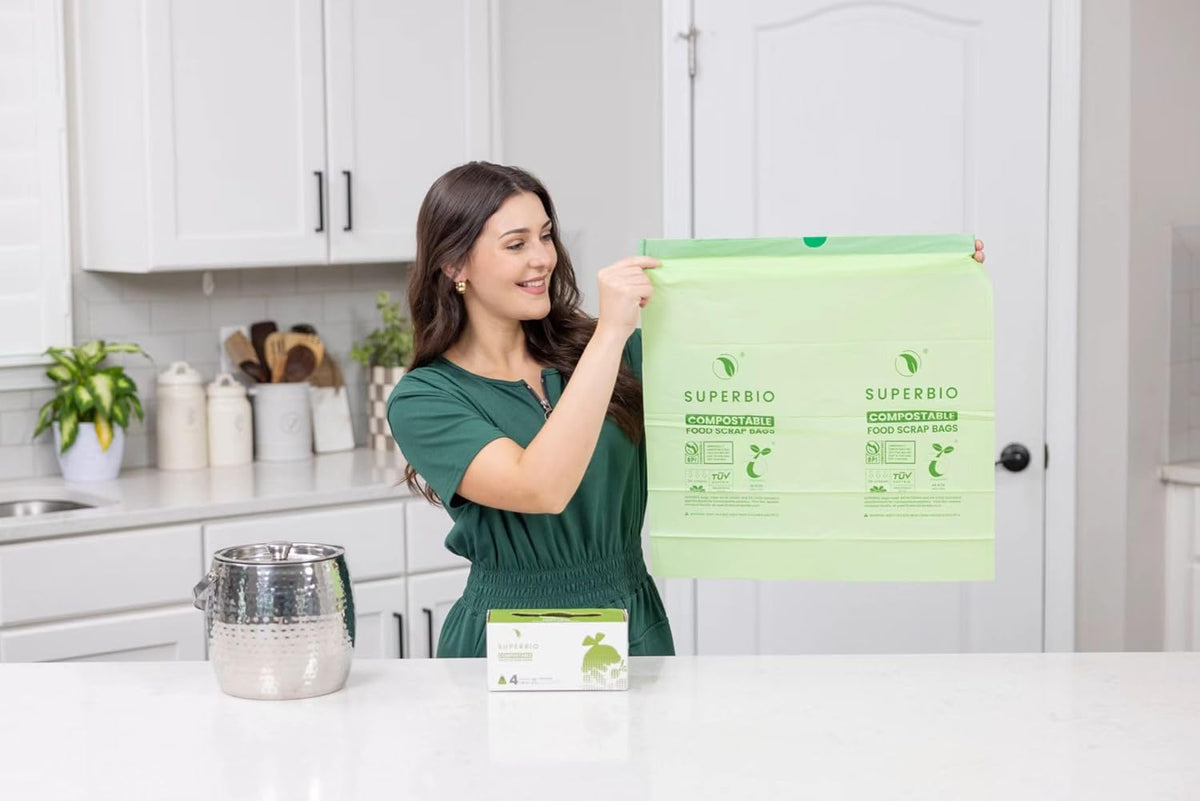 SUPERBIO 4 Gallon Compostable Drawstring Food Scrap Bags,15.1 Liter, 40 Count, 0.9 Mil,Heavy Duty
