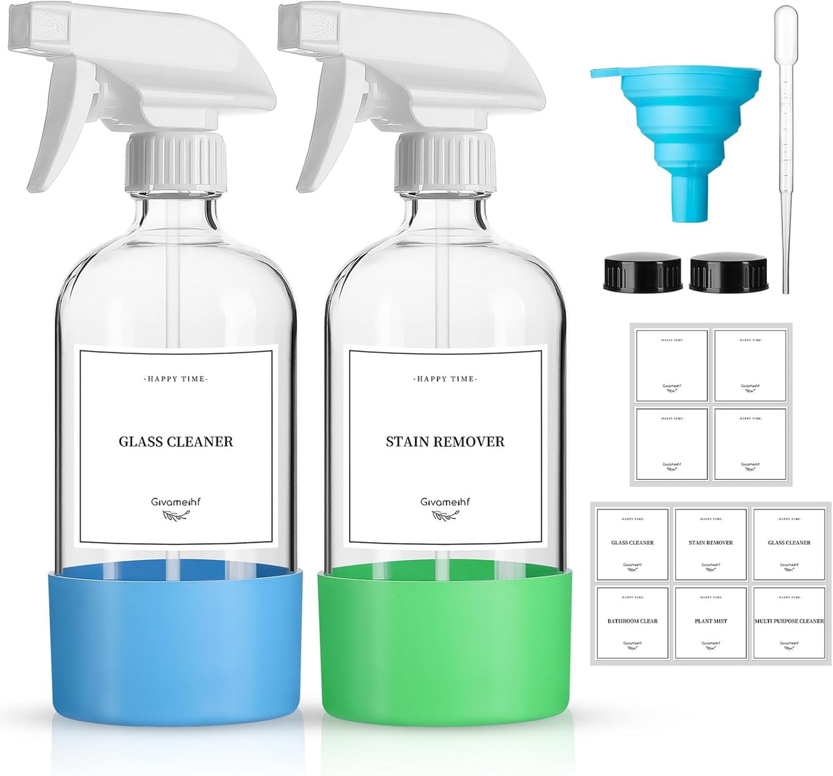 2 Pack Glass Spray Bottles with Silicone Sleeve,16oz Clear Glass Spray Bottles Refillable Empty