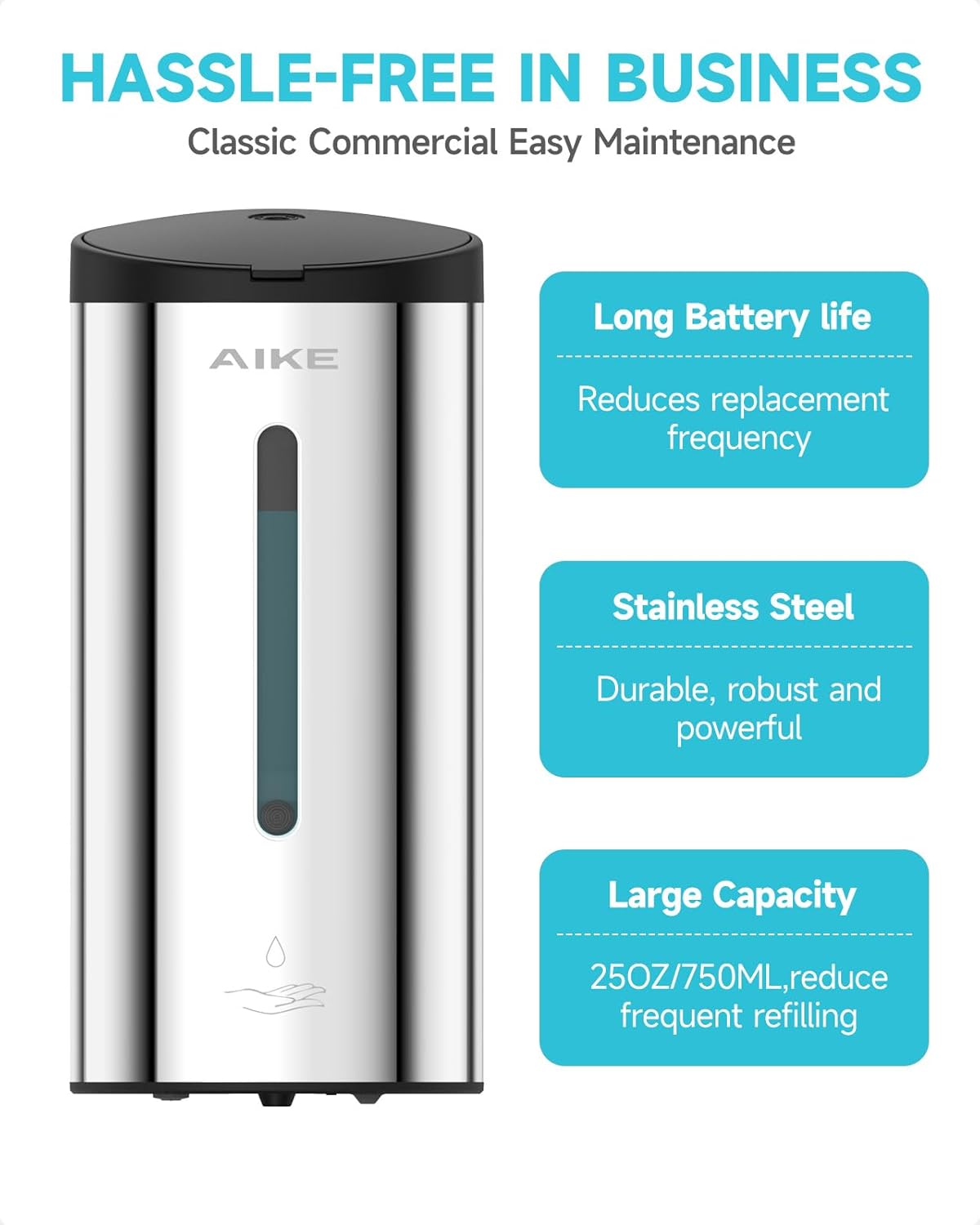 AIKE Automatic Wall Mount Liquid Soap Dispenser, Commercial Stainless Steel with 25oz Large
