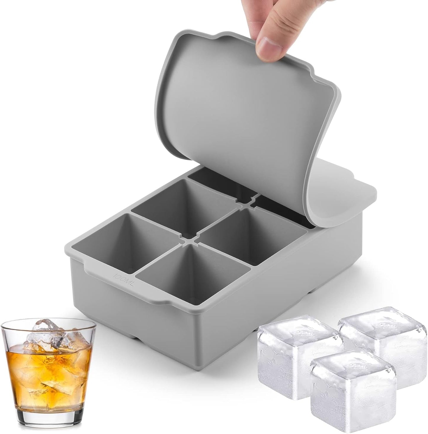 Nax Caki Large Ice Cube Tray with Lid, Stackable Big Silicone Square Ice Cube Mold for Whiskey