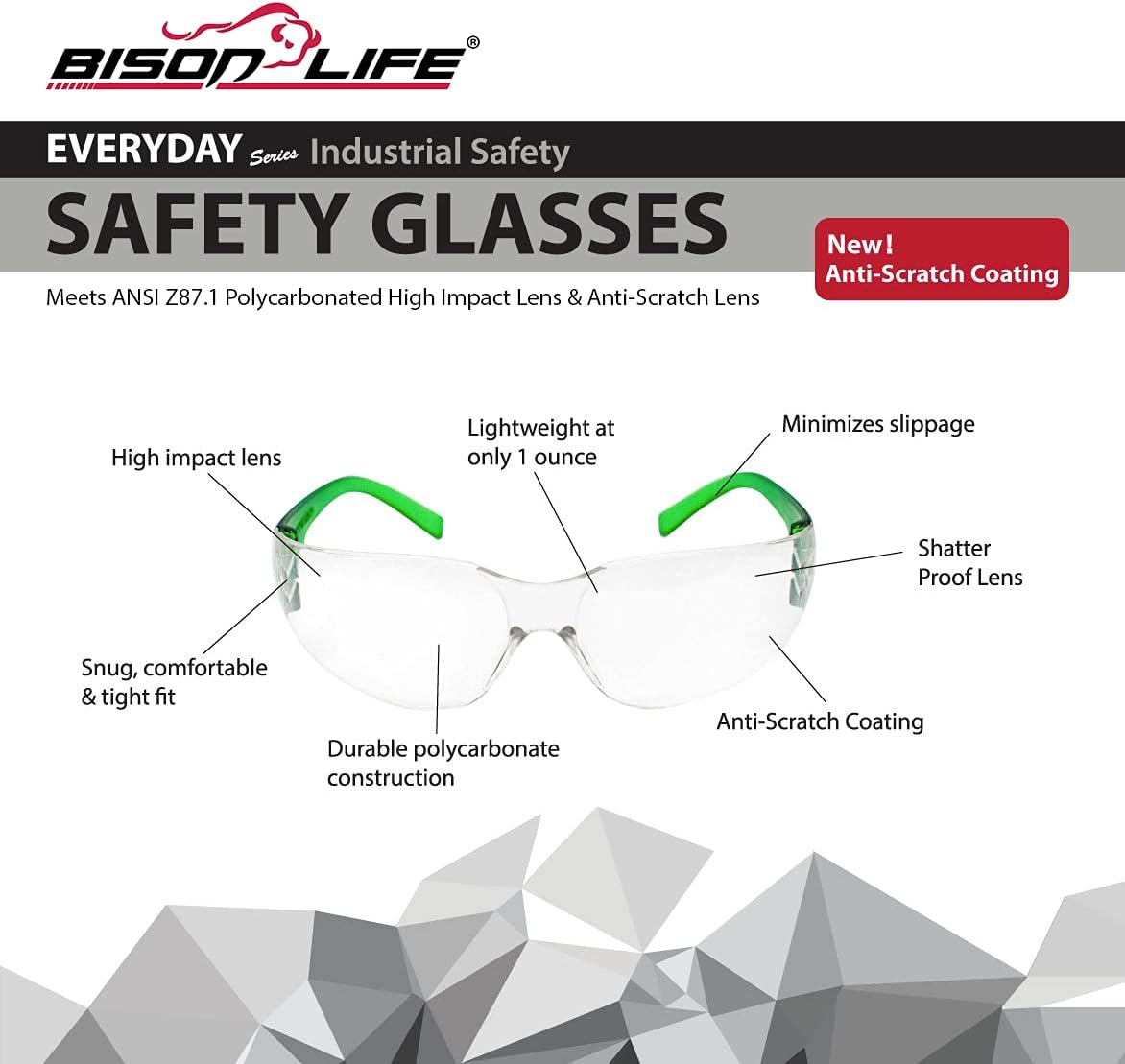 BISON LIFE Safety Glasses - Scratch Resistant Wrap Around Eyewear, Polycarbonate ANSI Z87.1 Impact