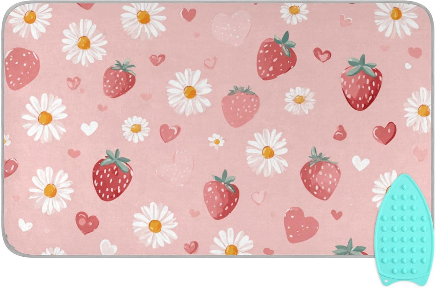 Pink Floral Strawberry Hearts Ironing Mat for Table top Portable Ironing Pad Blanket for Washer