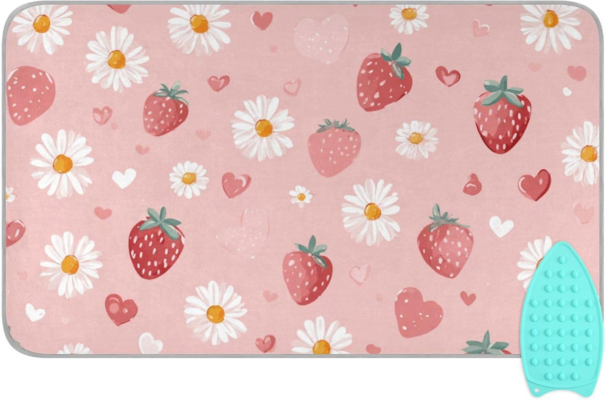 Pink Floral Strawberry Hearts Ironing Mat for Table top Portable Ironing Pad Blanket for Washer