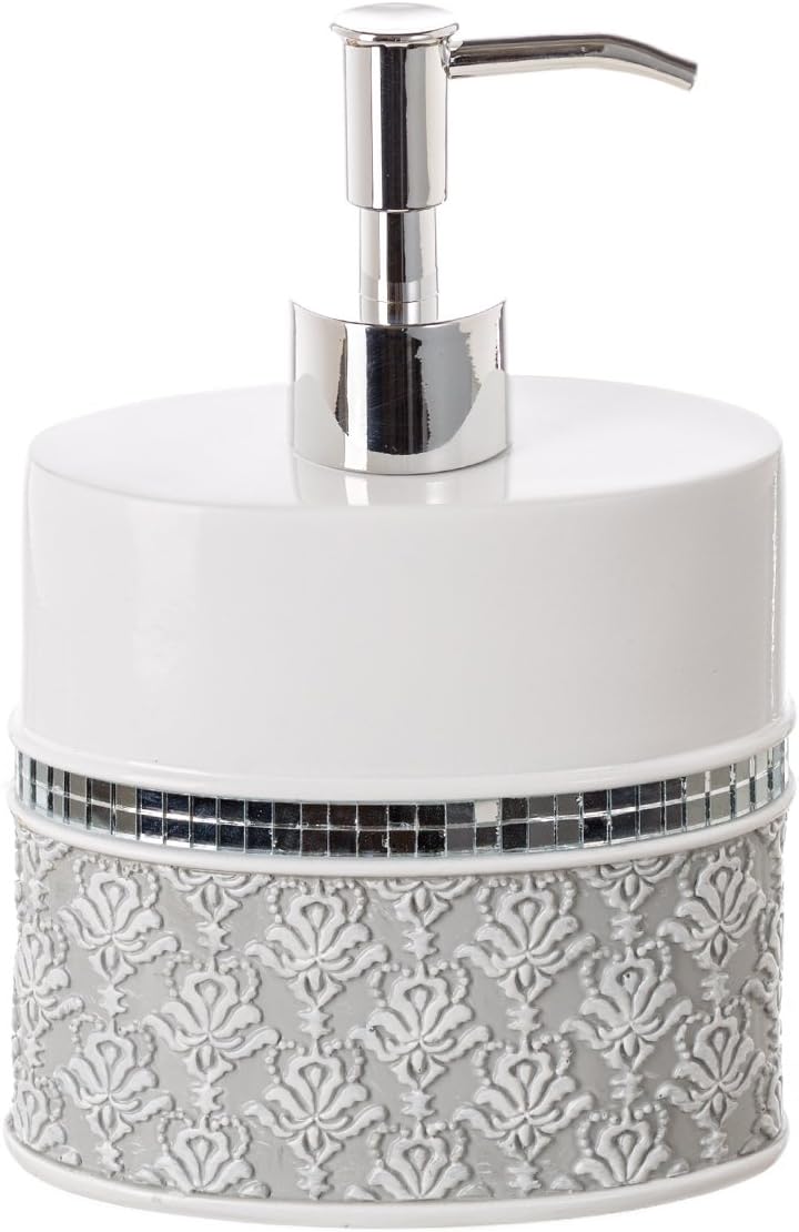 Creative Scents Mirror Damask Grey and White Soap Dispenser, Decorative Hand Soap Dispenser for