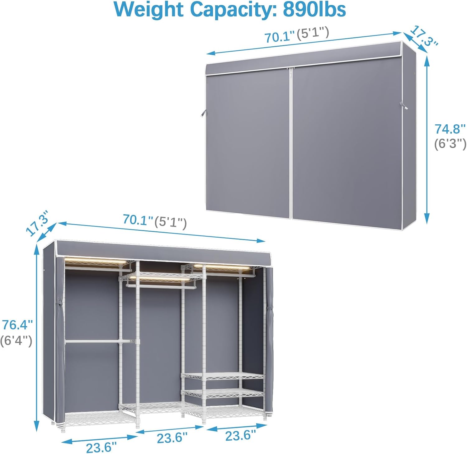 VIPEK V5LC Garment Rack Heavy Duty Covered Clothes Rack with Dimmable LED Lights, 3000K Warm White