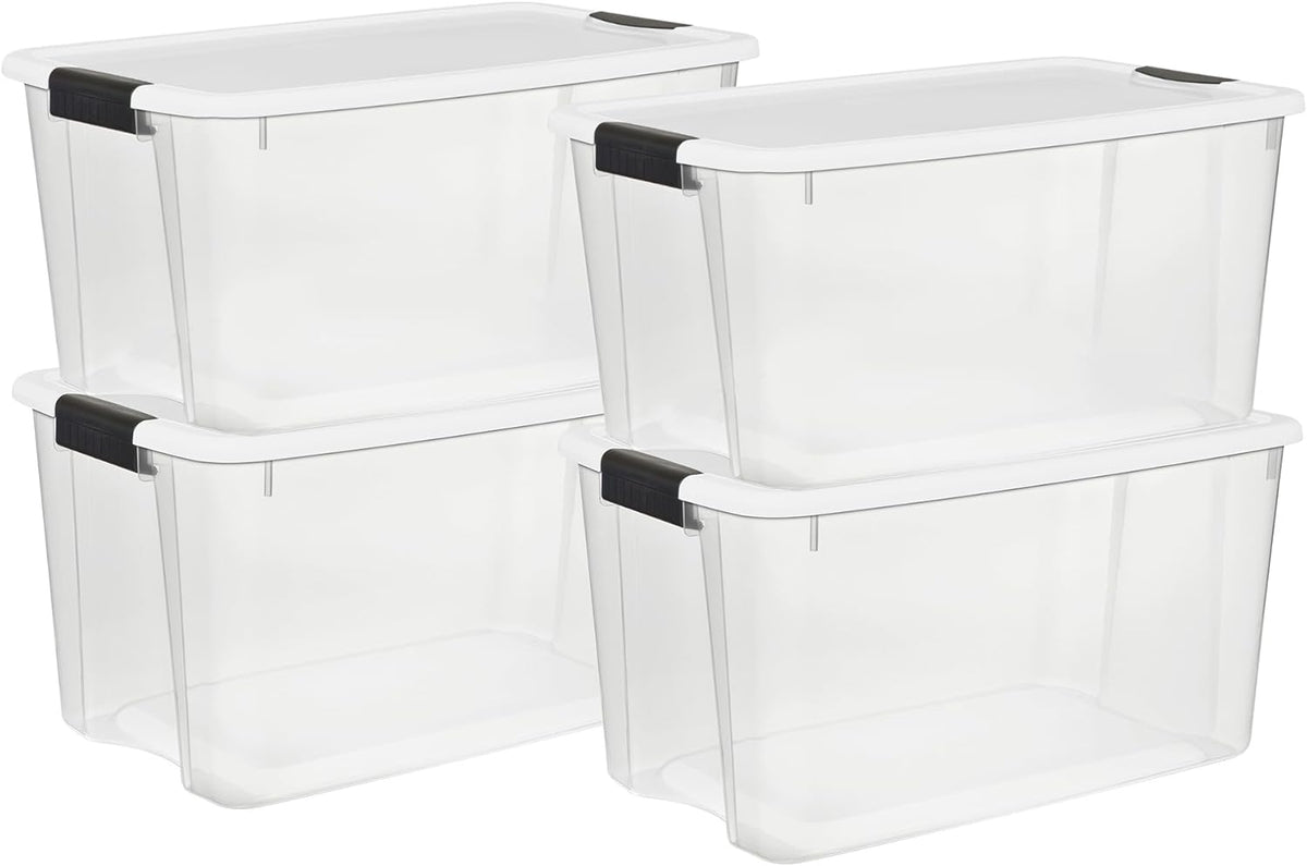 Sterilite 4 Pack Ultra Latching Box, Storage Bins with Lids, Clear Plastic, 70 Quart - Heavy-Duty