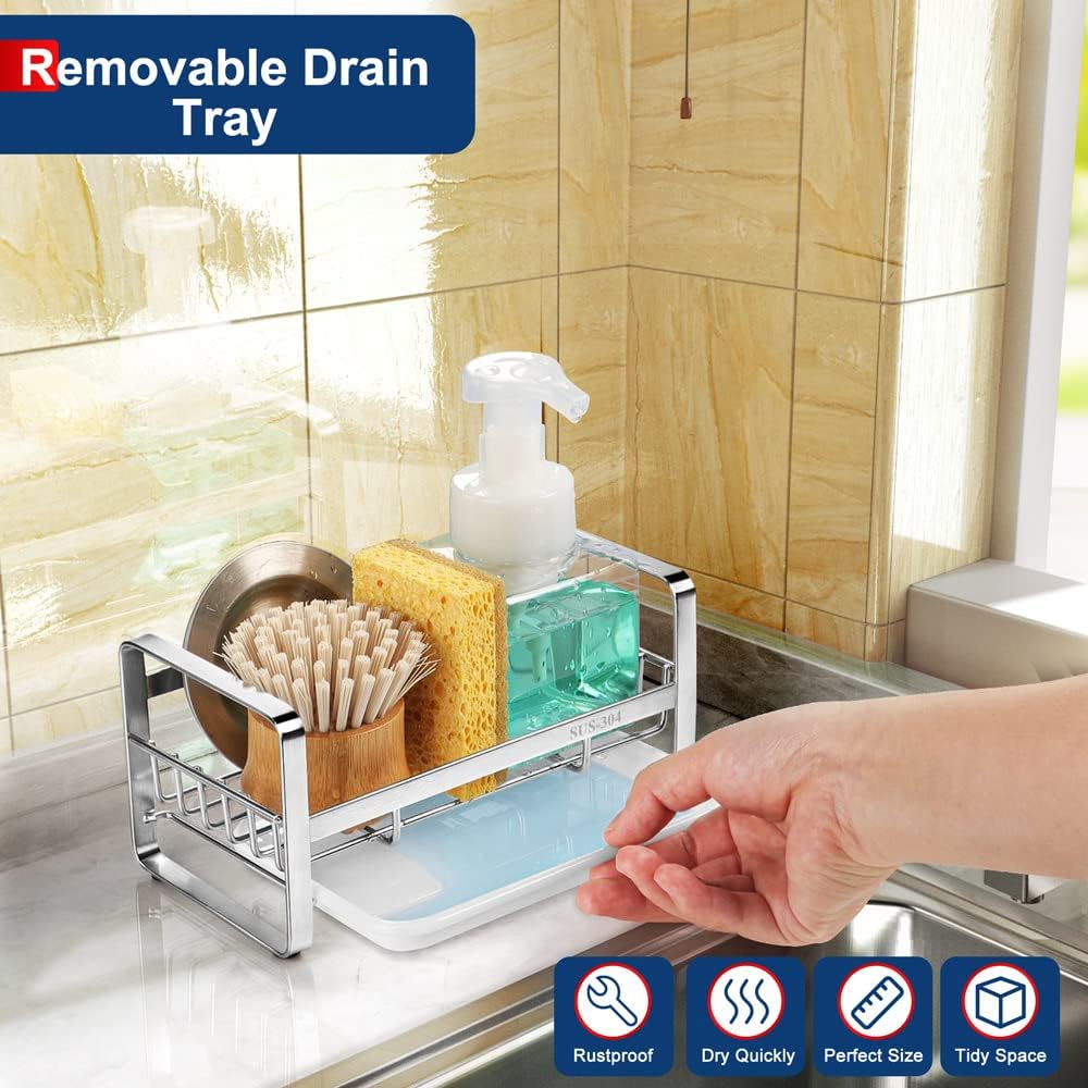 HULISEN Kitchen Sink Sponge Holder, 304 Stainless Steel Kitchen Soap Dispenser Caddy Organizer