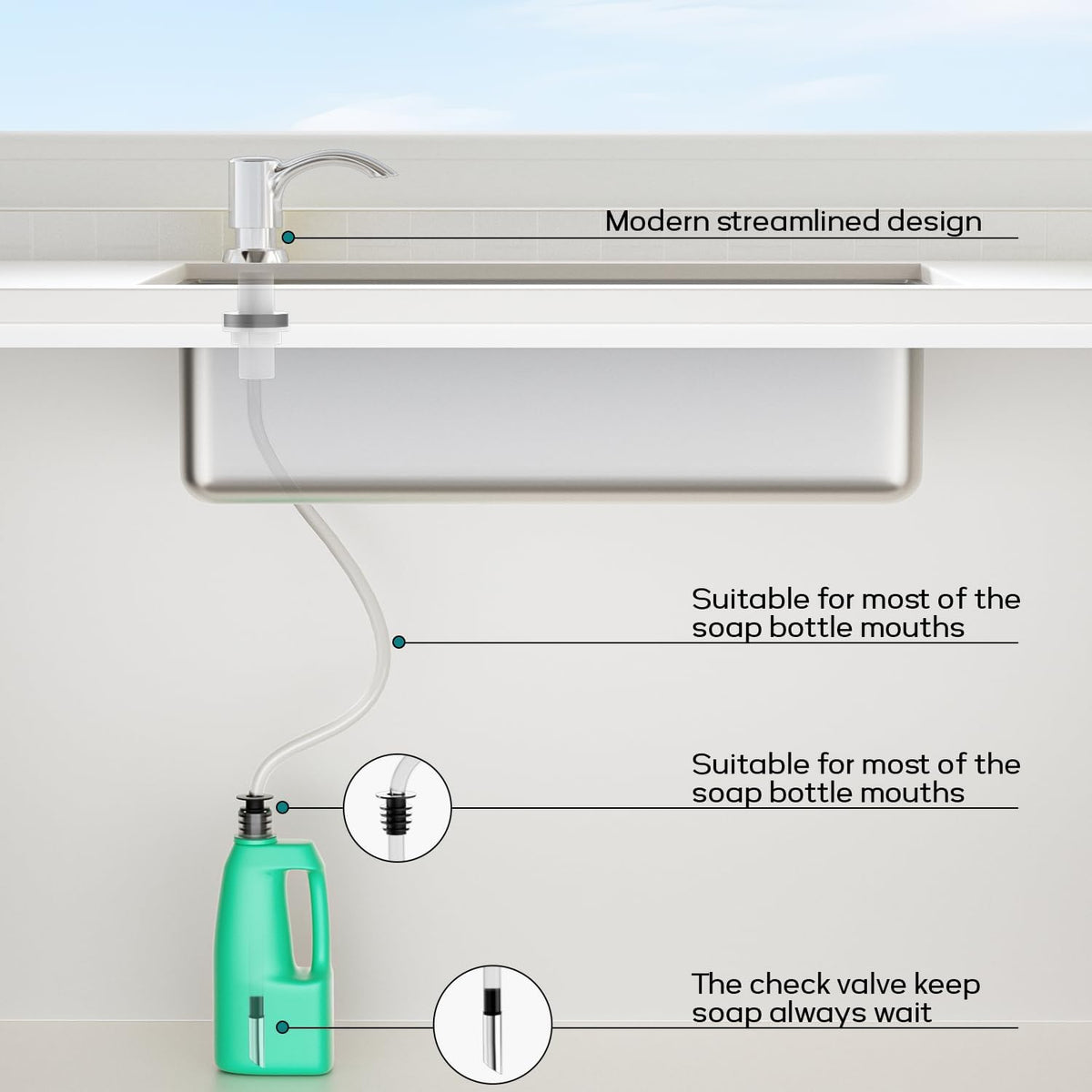SAMODRA Built-in Kitchen Sink Soap Dispenser with Extension Tube Kit - Chrome Finish, Leak-Proof