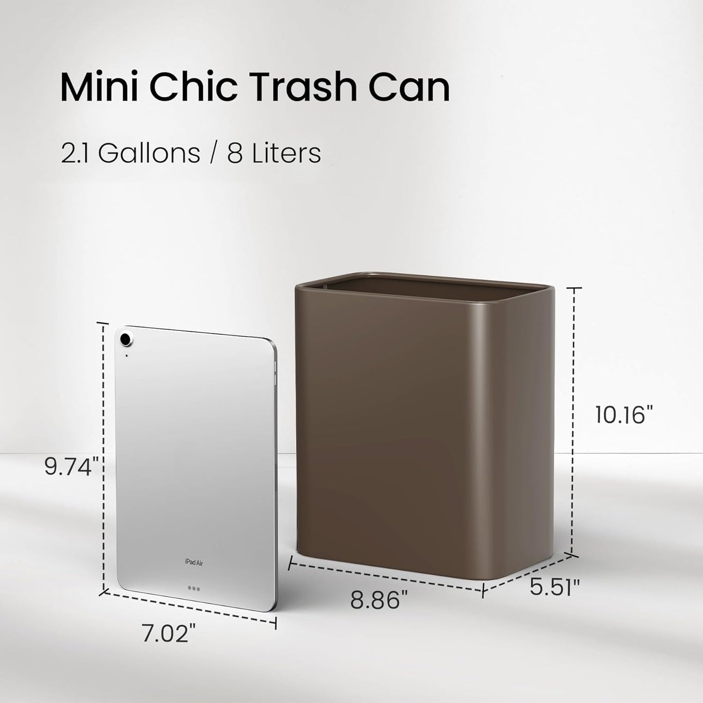 Cesun Small Bathroom Trash Can, 2.1 Gallons, Open-Top, Brown Metal, Stainless Steel, Modern, Ideal