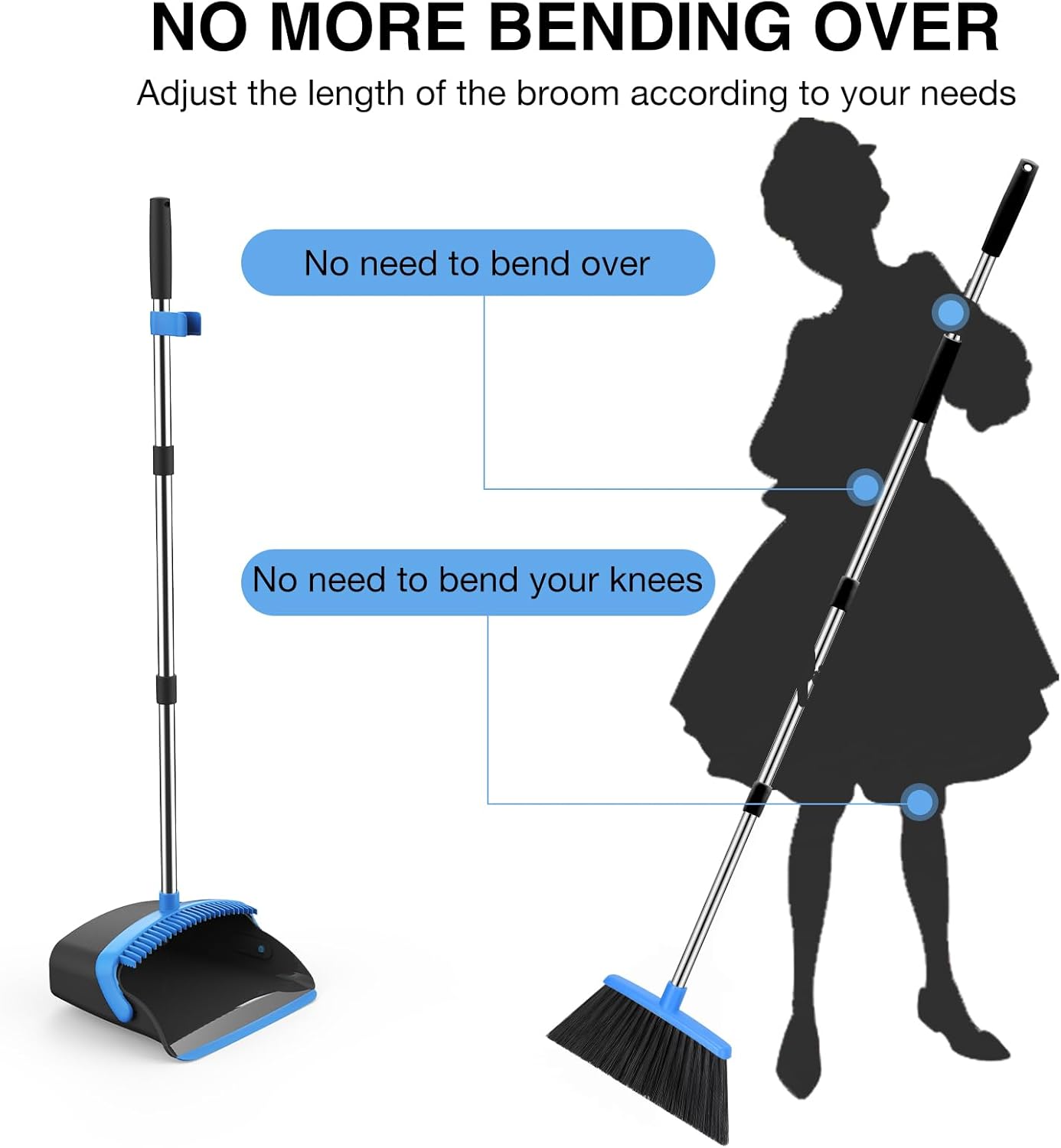 NACENA Broom and Dustpan Set, 52-in Long Adjustable Handle Broom Dustpan Combo with Dustpan Teeth