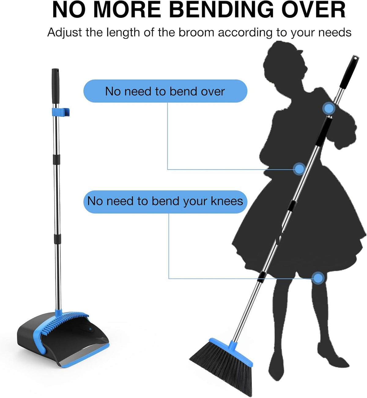 NACENA Broom and Dustpan Set, 52-in Long Adjustable Handle Broom Dustpan Combo with Dustpan Teeth